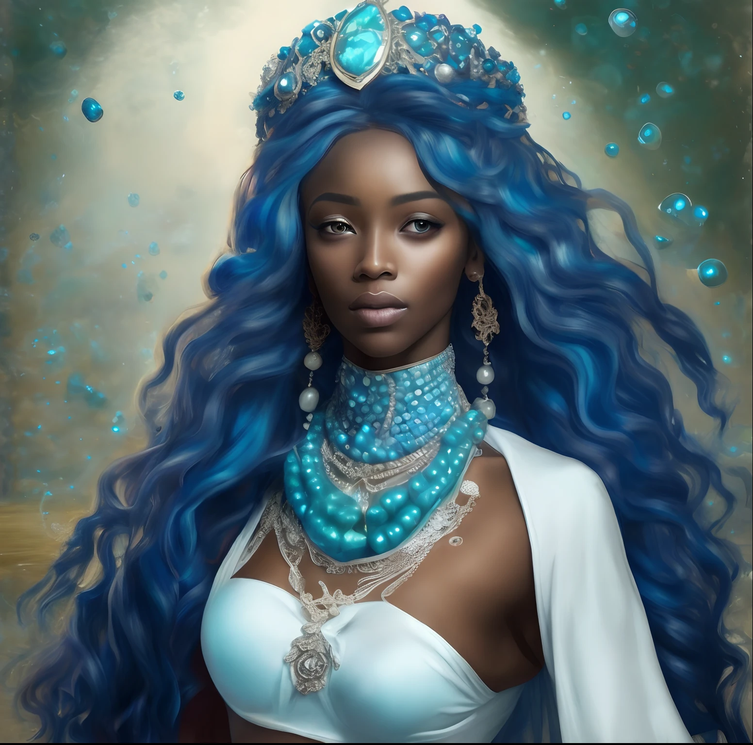 I want a character with water elemental powers, she is of African origin, she has big long curly hair, she is also very beautiful and wears pearls and varies jewelry, Her clothes have various shades of blue