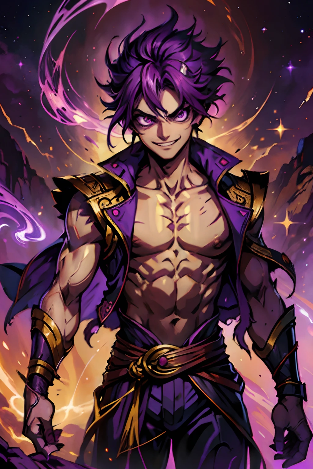 Create a close up of male character with a wide, confident grin, reminiscent of Gear 5 Luffy, but instead of white, add a vivid purple color to the entire composition. The character should have an awe-inspiring presence, with their hair made of swirling, luminous energy that radiates from their head. The pupils and irises of their eyes should have a deep, mysterious shade of purple with different patterns resembling a galaxy. he wears a elegant, flowing vest made of celestial silk, adorned with intricate, shimmering patterns, and fine golden accents and inside the vest he has his bare chest revealed the users aura is purple and the users hair is made of nen energy the user has no hair other than the pure nen energy thats leaking out from his head