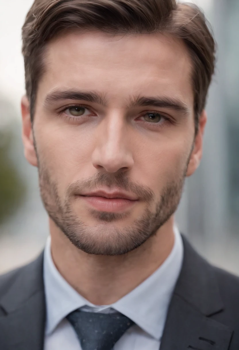 attractive 30 year old man in Hugo boss business suit , Belle barbe , Executive Sexy Man, Terno donc, Front camera focus, mode portrait, perfectly straight in front of the camera