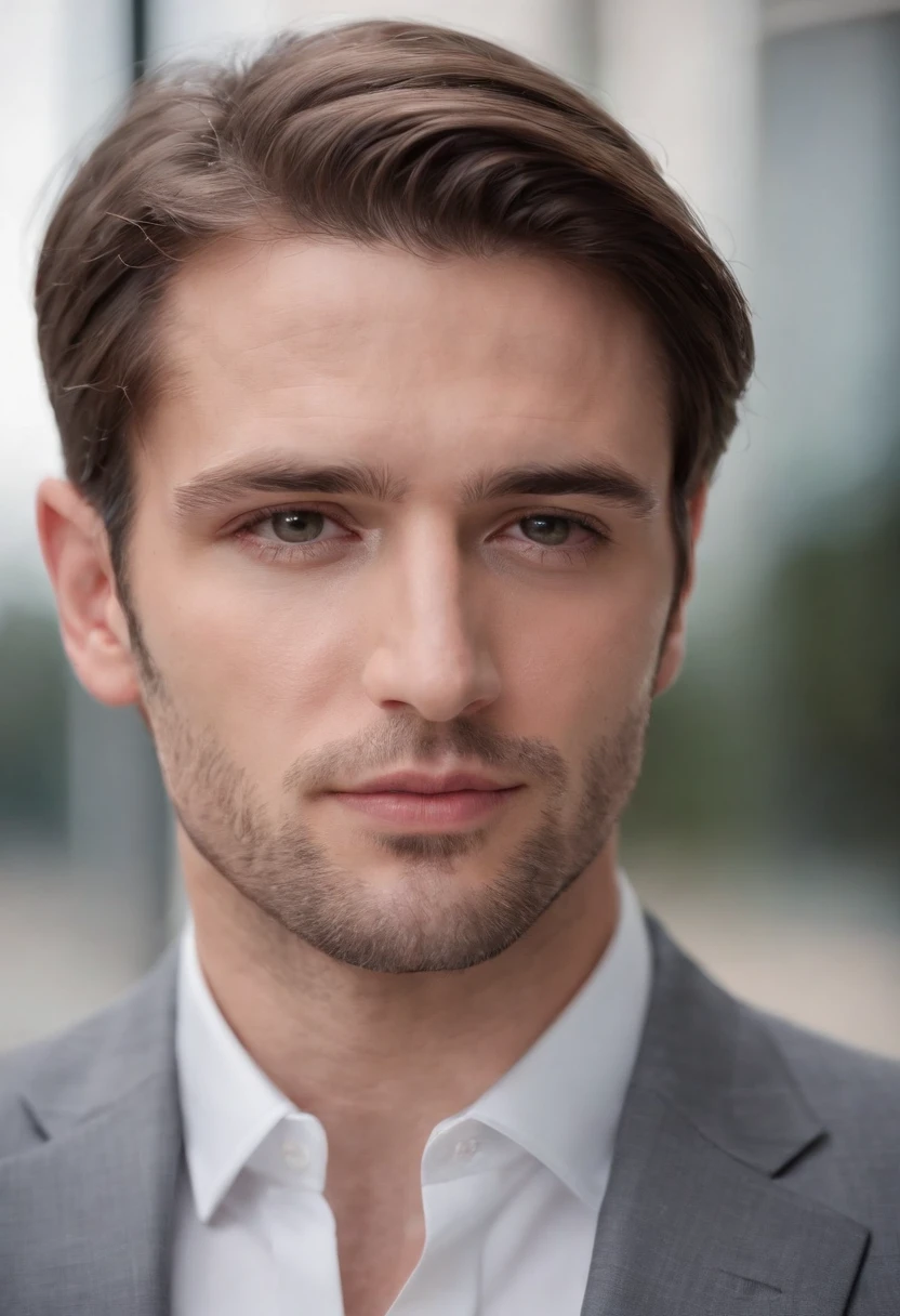 attractive 30 year old man in Hugo boss business suit , Belle barbe , Executive Sexy Man, Terno donc, Front camera focus, mode portrait, perfectly straight in front of the camera