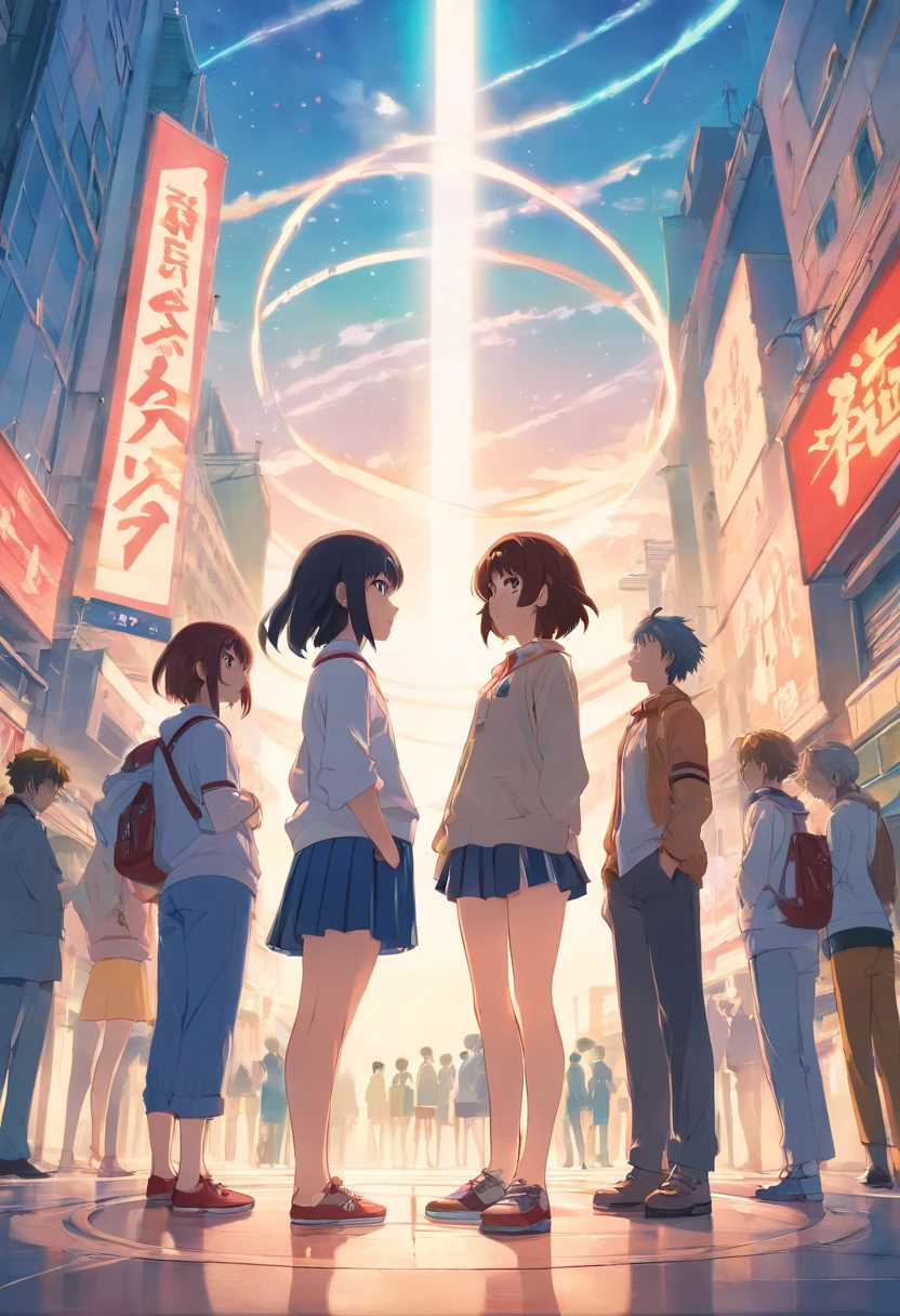 anime characters are standing in a circle with their heads together, official anime still, official art, shounen jump, happy!!!, future!!, official anime artwork, official fanart, today's featured anime still, high quality fanart, boku no hero academia style, epic anime style, ( ( ( anime ) ) ), official studio anime still, cute!!!