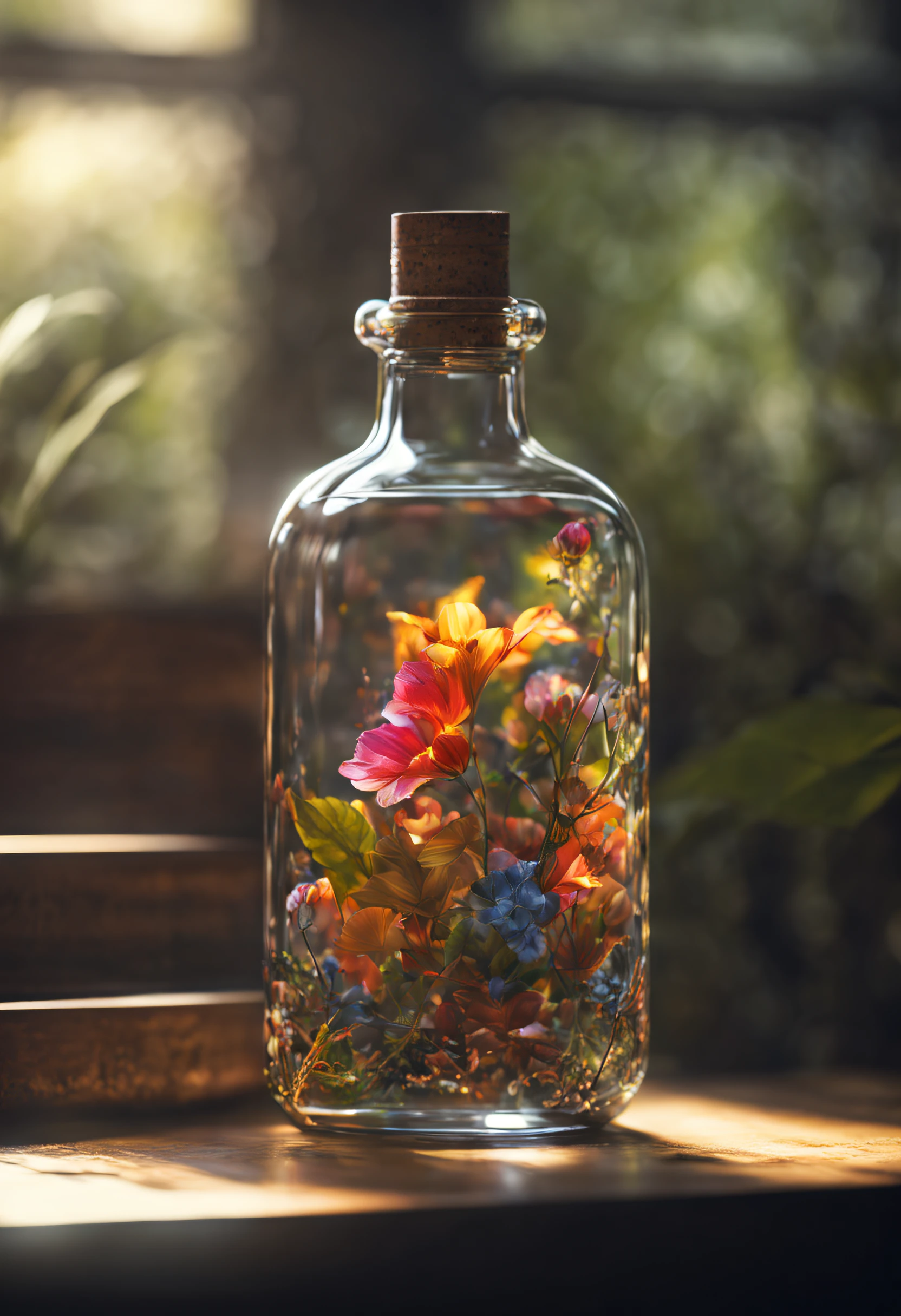 dreamlikeart flowers in a bottle, opulent, realistic, photo, canon, colorfull leaves. hyperdetailed photorealism by greg rutkowski - h 1024 w 804 | f 1 6 lens mark 2:2 s 3555 mm film grain :1 lifelike high res sharp focus contrast!! intricate detailed atmospheric light refraction lighting unreal engine 5 cinematic concept photography masterpiece octane render trending at cgsociety rendered as
