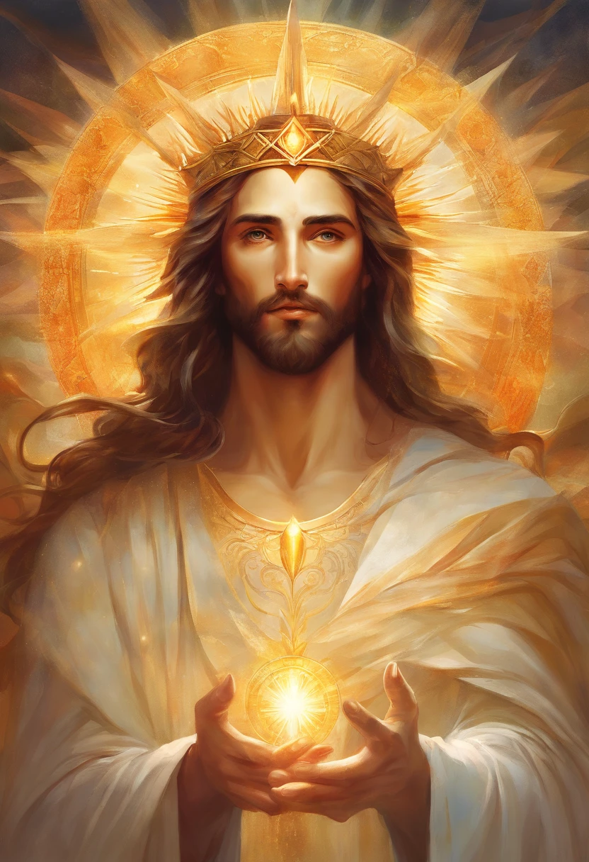 An 8K high-definition portrait of an man face(( Jesus Cristo)) ((Um homem anjo)), (( o Filho de Deus)), Deus, arte de deus, Deus da mitologia grega, Deus da Lua, Deus do amor e da paz, deus bonito, Mitologia do Deus da Terra, o deus Eros, Um retrato impressionante de um deus, Frank Kelly Freas, Estilo Karol Bak, ((beautiful face)), Ultra Definition, melhor qualidade, 32k ultra. Molten iron eyes coming out of flame, face shining like the sun, long flowing hair, bright white, sticking out of mouth, a translucent gleaming beam of light, wearing a shiny white tunic of the first century with polished gold accents