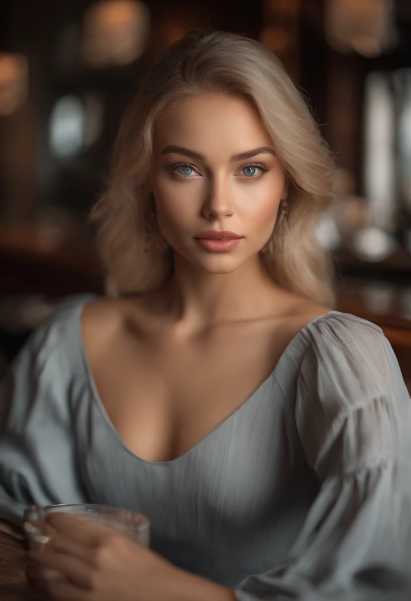 arafed woman fully , sexy girl with blue eyes, ultra realistic, meticulously detailed, portrait sophie mudd, blonde hair and large eyes, selfie of a young woman, bedroom eyes, violet myers, without makeup, natural makeup, looking directly at the camera, face with artgram, subtle makeup, sitting at table in restaurant, in restaurant, medium to large size bust mixed race