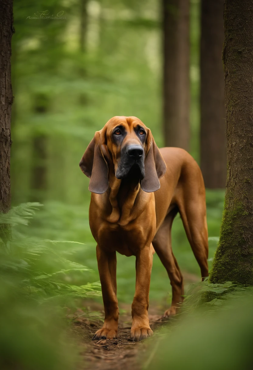 a bloodhound dog in a lush green forest,noble look,the dog is sniffing something intently, majestic long ears,tightly wrinkled brow,focused eyes,deep brown fur,sleek and shiny coat,maneuvering effortlessly through the dense undergrowth,magnificent breed,sense of determination,resolute stance,strong and muscular,tracking scent with precision,natural-born scent hound,best quality,ultra-detailed,realistic:1.37,sharp focus,stunning portrait,rich color palette,warm and earthy tones,natural lighting,vivid colors,bokeh