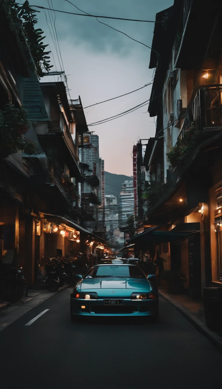 (1990s VHS style:1.2, caught on camera, illegal car meet, somewhere in Asia, mountains, gritty, dark color,LUT filter), major city , night , resto mod , retro futuristic , mildly modern , midnight , cars are 90's inspired , skyline , supra , rx7 , custom , modified . Near a bar