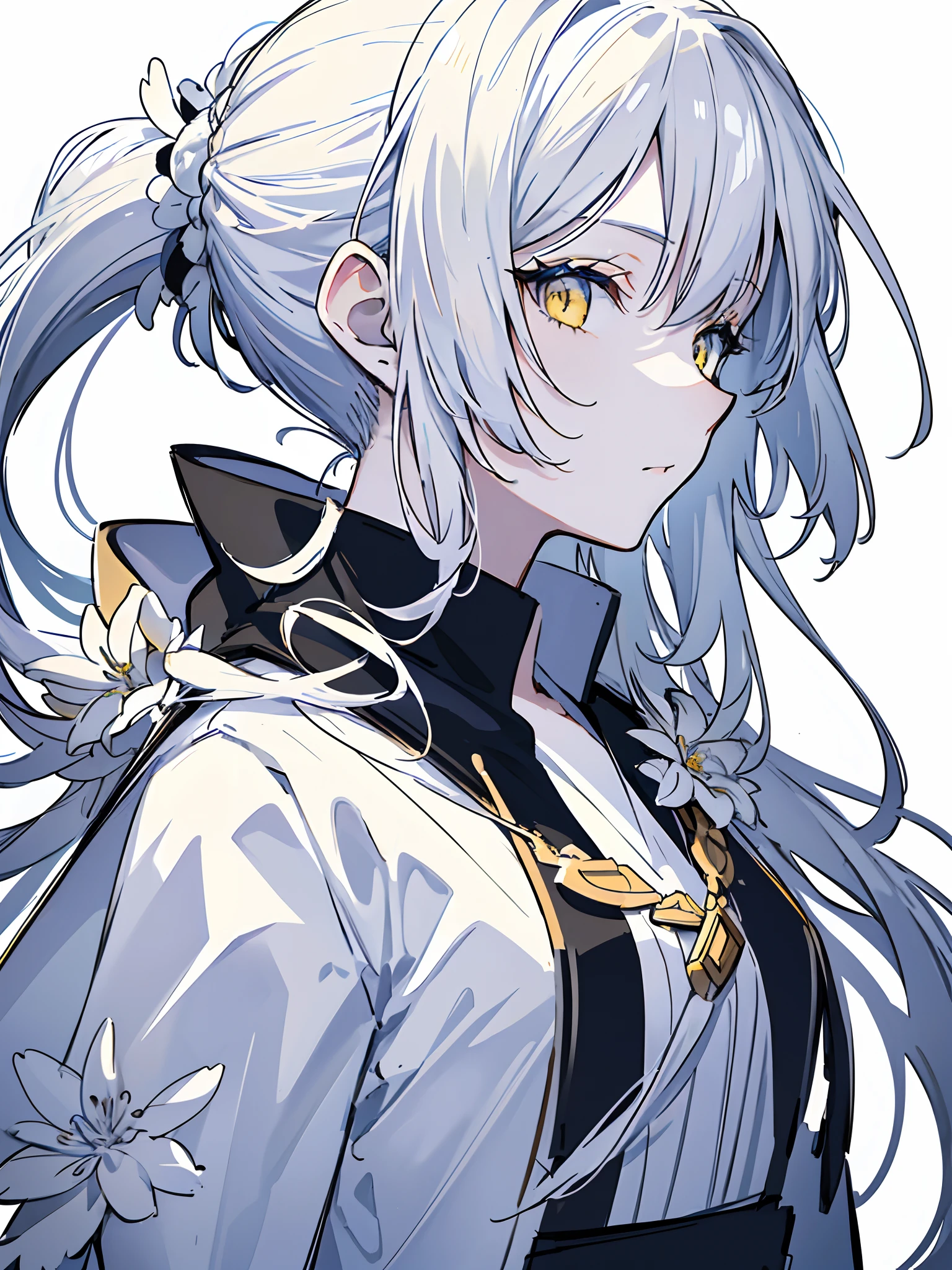masterpiece, acura, 1girl, solo, mage robes, long ponytail white hair, profile close-up, flower line drawing background, white background, monochrome, line drawing, looking at viewer, yellow eyes, thinking pose ((sketch))