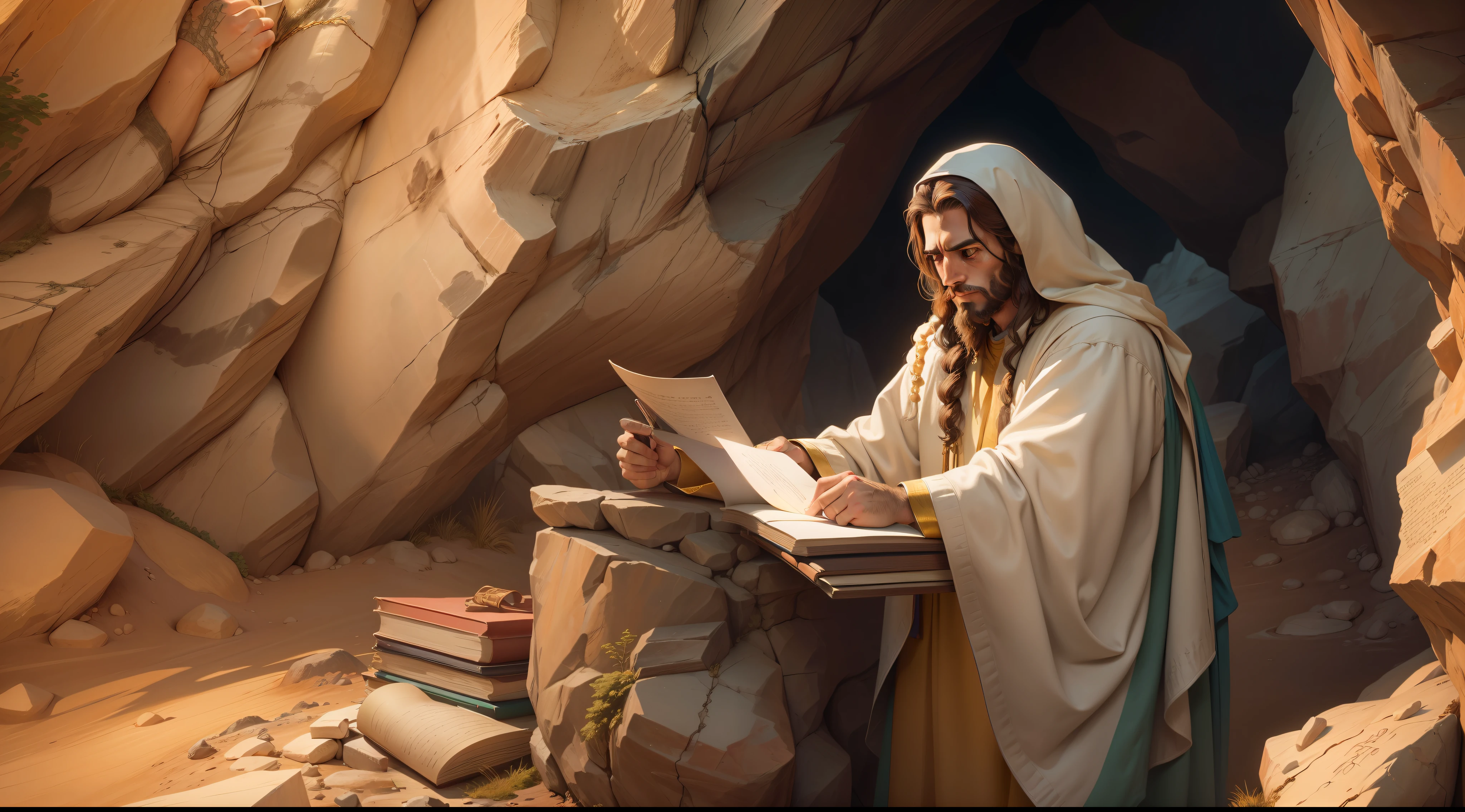 Imagem antiga, roupa judaica, homem judeu, Old Christian writing letters in a rocky cave with a lot of technology and extreme realism ((image depicting one of Jesus' apostles