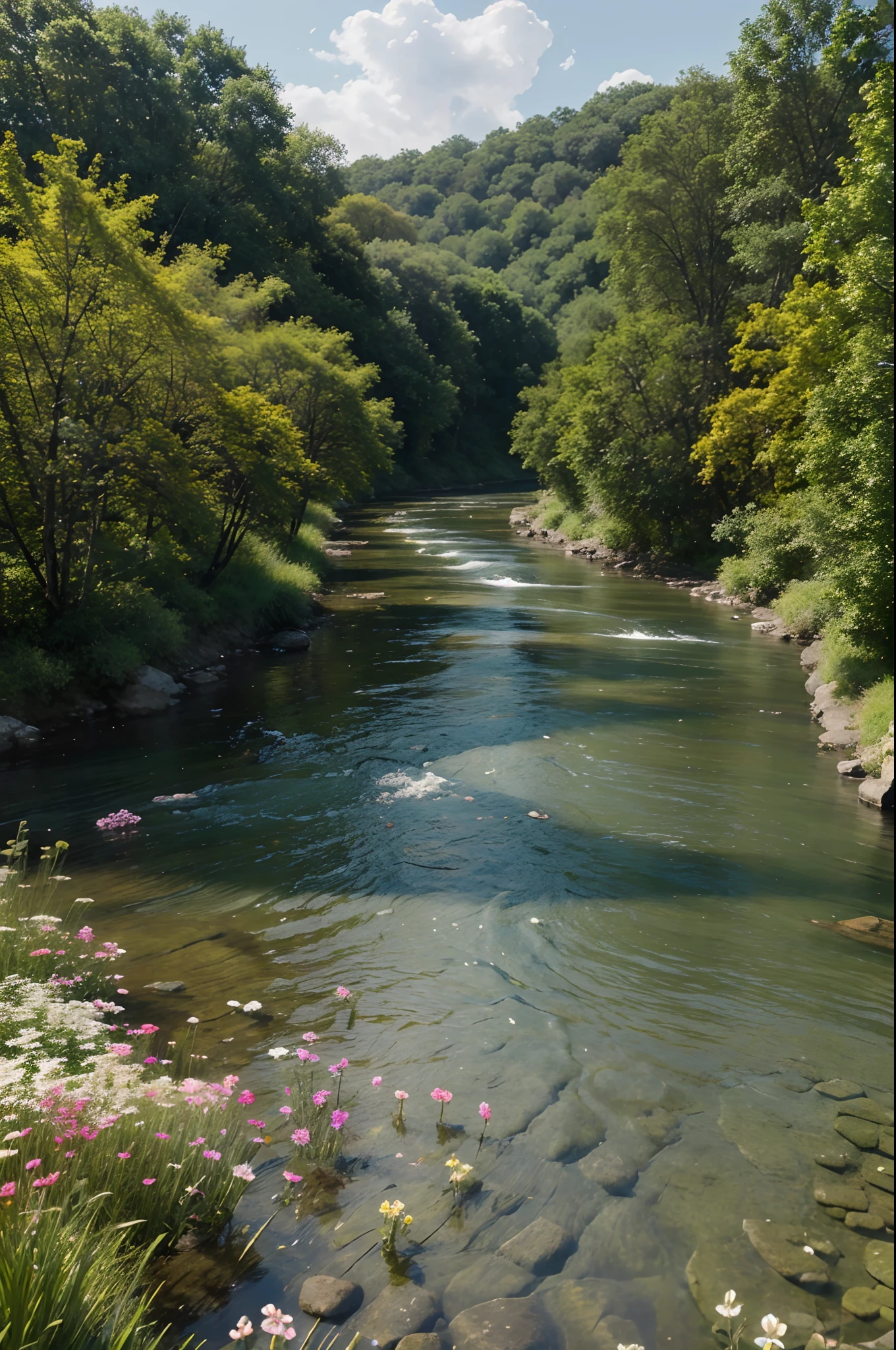 Create a beautiful river flowing serenely by patiently tracing your path, with flowers image in very high definition in 4k