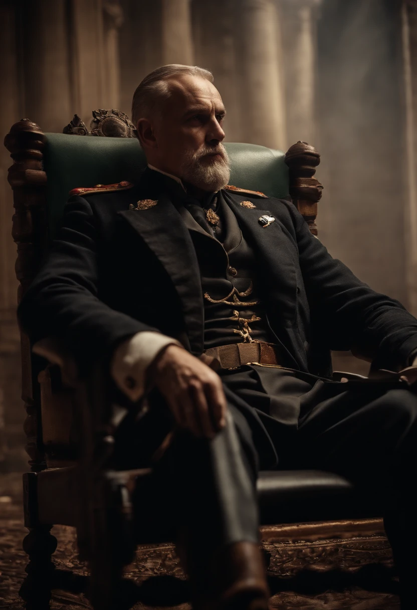 A brave man who had become a war commander was sitting on a chair holding a weapon