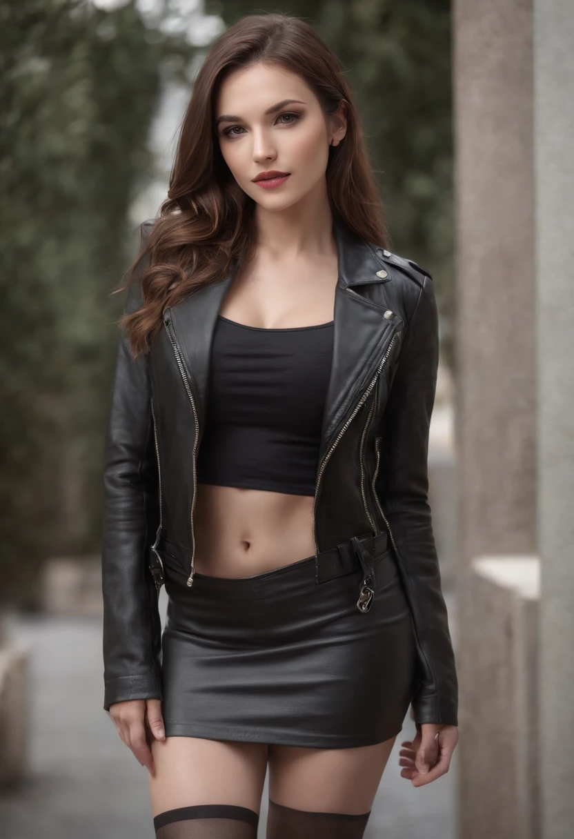 masterpiece, best quality, highres, realistic, young woman, black leather jacket, black leather short skirt, black stockings, over-the-knee boots, Leather Black High Heels ,thin heels, (cleavage, black leather bra), glamour, glamorous, sexy, cinematic, dramatic shadows, dimly lit room, (confident posture, standing, smirk)