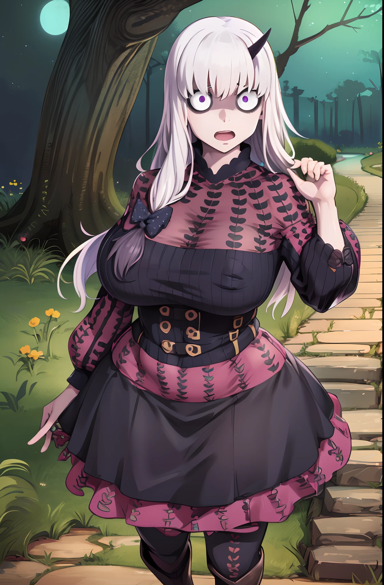 (masterpiece, best quality, detailed), 1girl, solo, outdoors, night, dark, forest, wavy mouth, open mouth, looking at viewer, shaded face, , from above, against tree, lavinia whateley \(fate\), polka dot bow, black dress, ((constricted pupils)), eyebrows hidden by hair, dutch angle, huge breast, standing , curvy, thicc, full body, boots