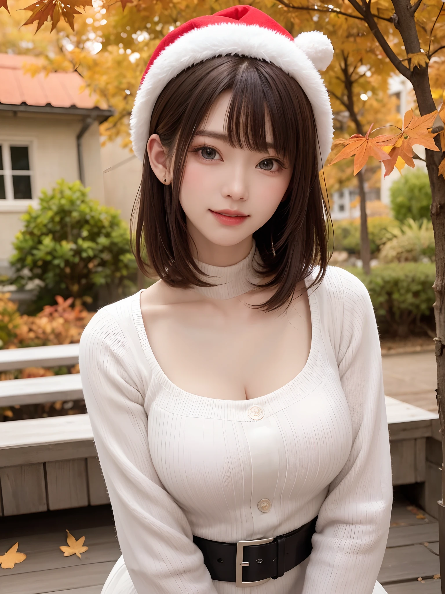 (masutepiece:1.4, top-quality、Very attractive adult beauty with a very cute smile:1.4、Add intense highlights to the eyes:1.4、Look firmly at the camera、Beautiful woman full of adult charm:1.4),1girl in, 独奏, Light brown shiny hair, muffler,Santa Claus hat:1.4,realisitic, looking at the viewers, Bright colored crystal light blue eyes:1.4, short shiny hair, Santa Claus Starneck Knit、 Red and white costume of Santa Claus in turtleneck with round hole in the center of the chest:1.4,Sexy red and blue turtleneck knit sweater with round hole in the center of chest:1.4、 s lips, lipgloss:1.4,bangss, The upper part of the body、big eye、Lashes、The face is a little red:1.4、Embarrassing)、((Canadian tree-lined avenues in autumn:1.4))、((Shorthair with bangs、big eye、Put very strong highlights in your students:1.4、{Gigantic|Big|Huge|Mega} breasts:1.4、very Bigger breasts、gazing at viewer、Very beautiful beauty、Put your ears out:1.4、long neck:1.4、little smiling、Beautiful teeth、Open your mouth and smile:1.4))、28 year old:1.4、Very cute supermodel:1.4、