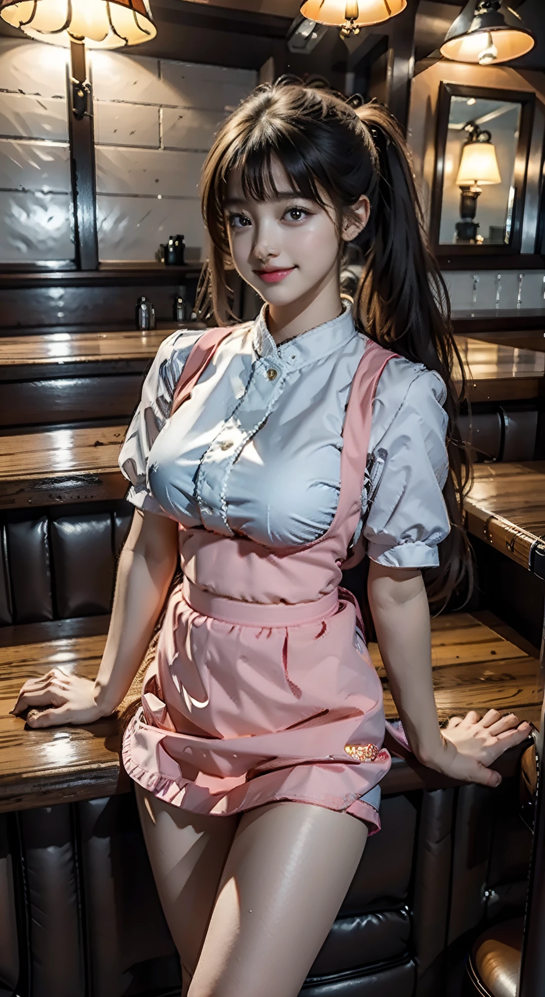 Real Images、rialistic photo、Top image quality、Anna Miller's Waitress Uniform、poneyTail、Ultra mini skirt、beautiful thigh、beautiful smiling face、A sexy、Alafed woman in apron standing in front of a table in a restaurant, ( woman samurai ) girl, wearing rr diner uniform, tzuyu from twice, inspired by Kim Jeong-hui, fanart, Girl with white waist apron, japanese maid cafe, hanbok apron, femele, girl wearing school uniform