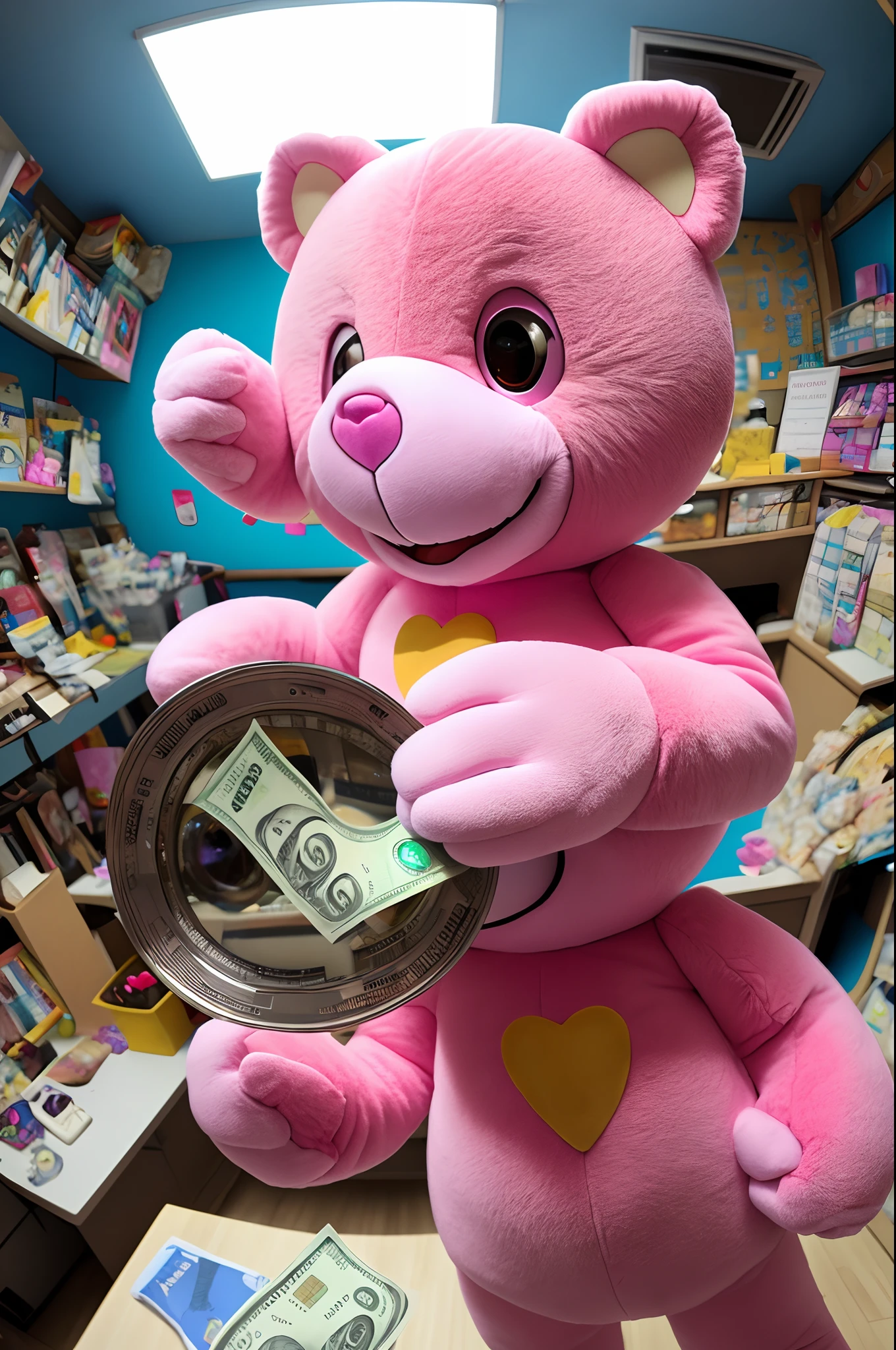 Pink care bear doing money spread through fish eye lens