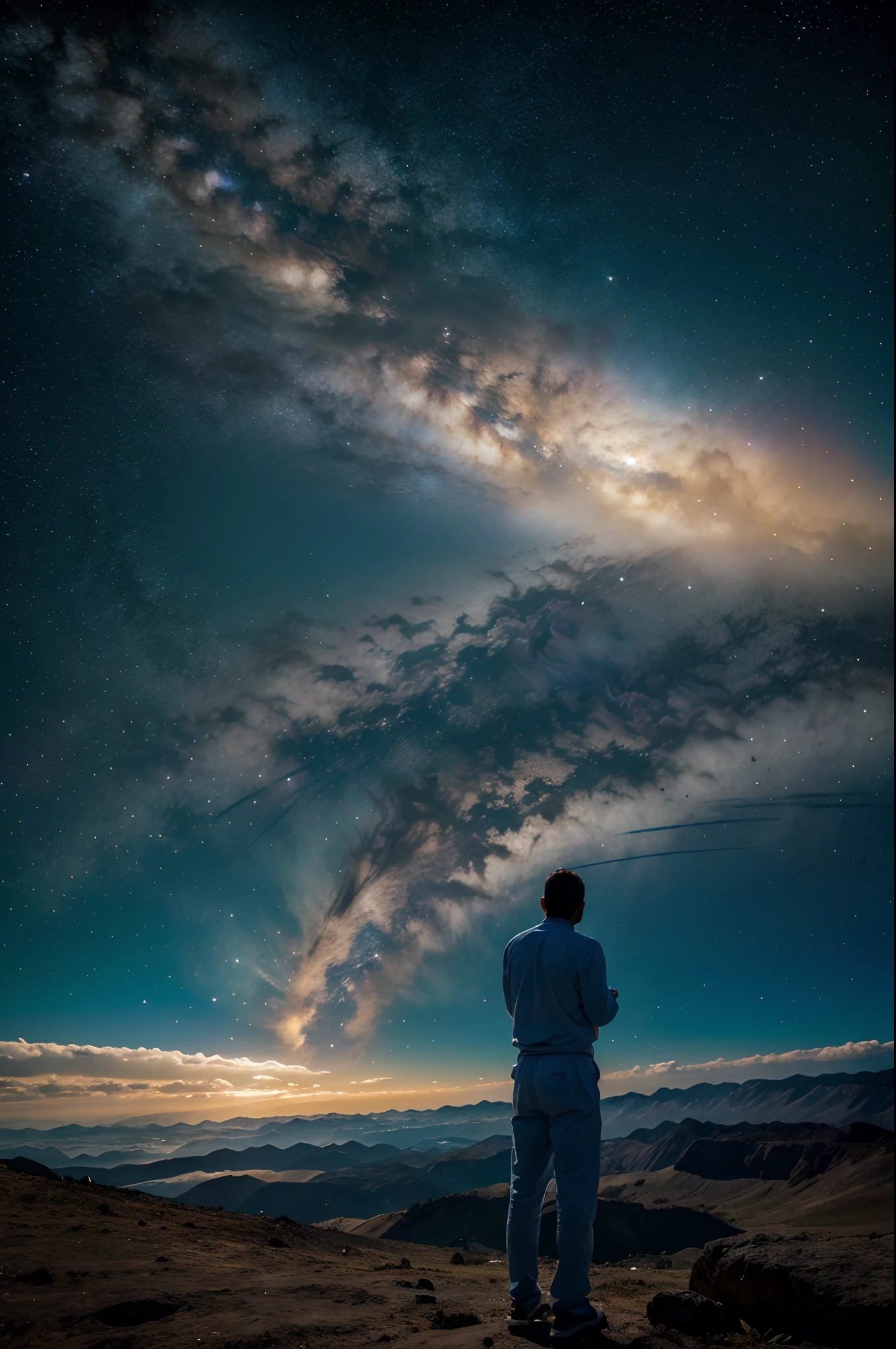 Create a man looking at the vastness of the universe, com nuvens dr poeira coloridas e milhares de estrelas, Ultra-high-definition image in 4K
