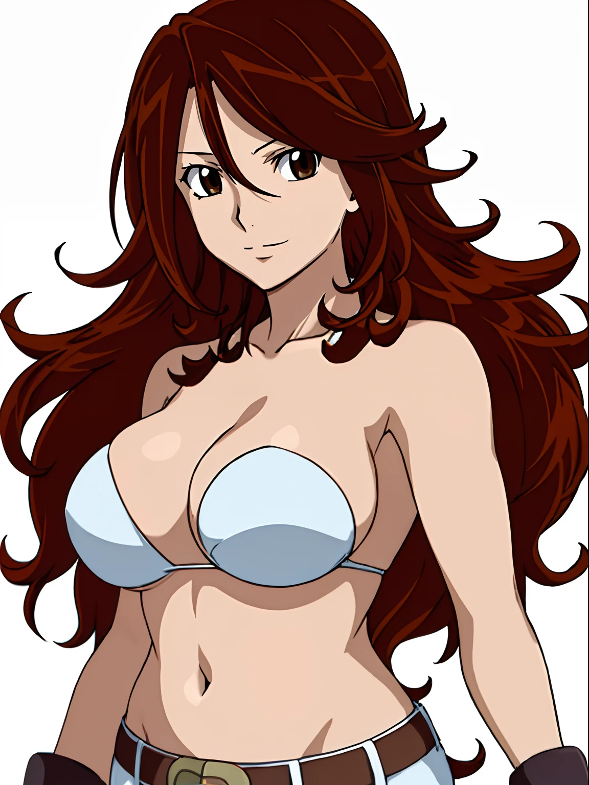 ((solo)), Best Quality, hires, curvy midsection, strong woman, female wrestler, smile, happy), upper body only, anime style: 1.8, anime drawing, ultra detailed face, ultra detailed body, 4k, Sumergai Lee Noriega, (standing), best quality, anime style, hires, highest definition, digital blending, bold drawing lines, (((White Background))), ( pro female wrestler, long attractive belly, slim body, (strong arm muscles), broad shoulders , off-shoulders, closed fists, (strapless bikini, shorts, white gloves, , arm band, (champion belt))), (big breasts, closed mouth), (big eyes, brown eyes, shiny eyes), (reddish hair, loose hair, curly hair, wavy hair, long hair, floating hair), 27 years old