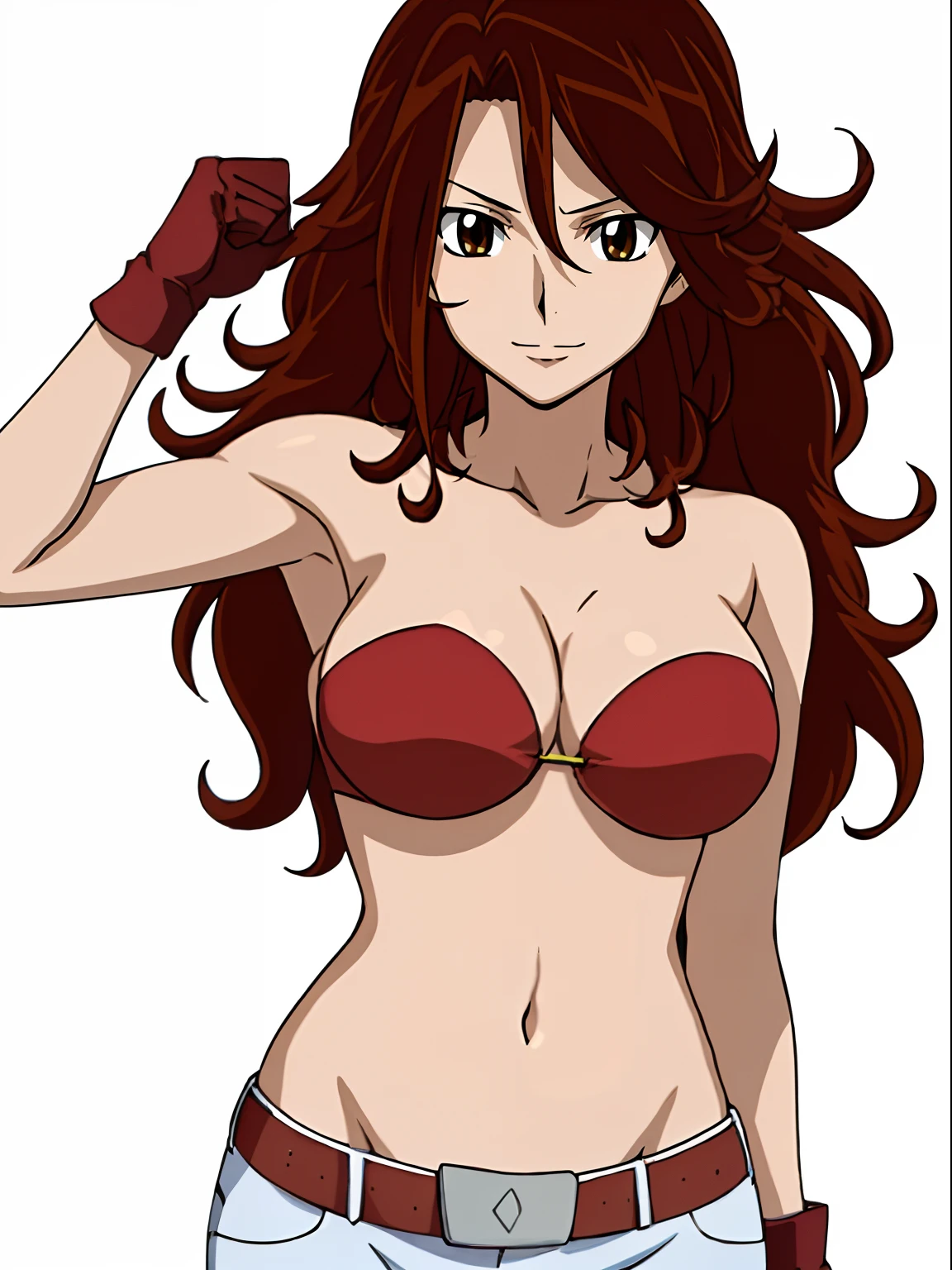 ((solo)), Best Quality, hires, curvy midsection, strong woman, female wrestler, smile, happy), upper body only, anime style: 1.8, anime drawing, ultra detailed face, ultra detailed body, 4k, Sumergai Lee Noriega, (standing), best quality, anime style, hires, highest definition, digital blending, bold drawing lines, (((White Background))), ( pro female wrestler, long attractive belly, slim body, (strong arm muscles), broad shoulders , off-shoulders, closed fists, (strapless bikini, shorts, white gloves, , arm band, (champion belt))), (big breasts, closed mouth), (big eyes, brown eyes, shiny eyes), (reddish hair, loose hair, curly hair, wavy hair, long hair, floating hair), 27 years old