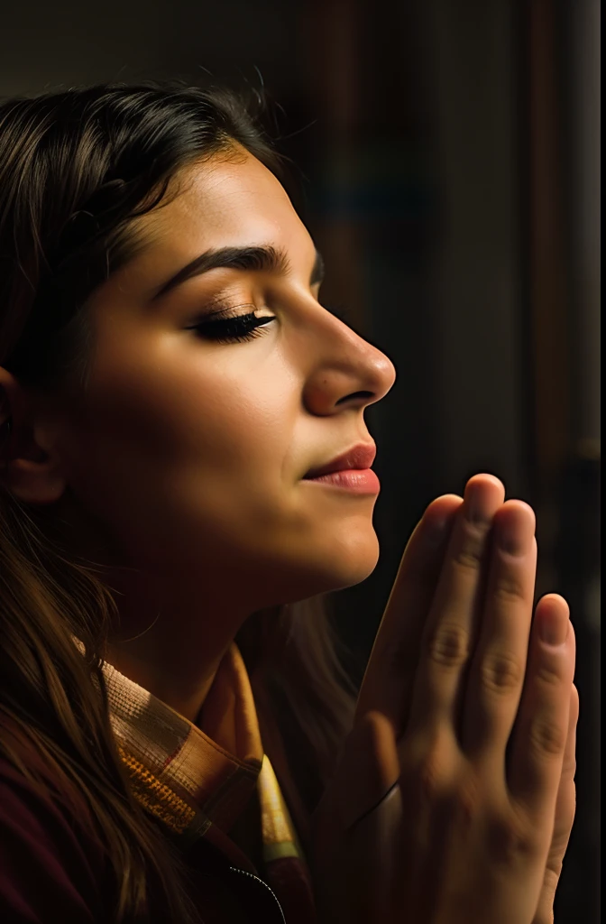mulher arafed com os olhos fechados orando em um quarto escuro, orar meditando, praying posture, kneeling in prayer, doing a prayer, praying, Rezar com tabaco, Directed by: Matija Jama, Prayer, prayer hands, religioso, Directed by: Jakob Gauermann, the wonder of devotion, Directed by: Matt Cavotta, Directed by: Adam Marczyński