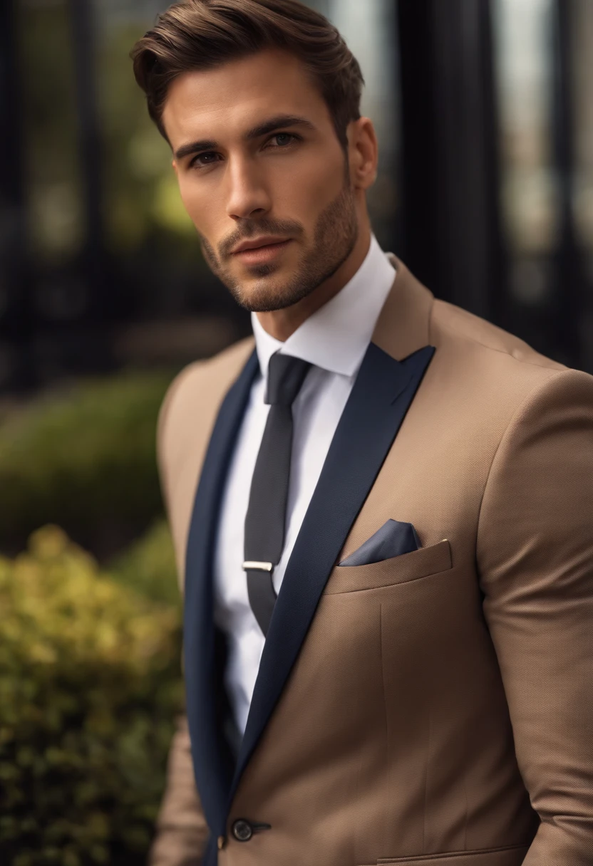 attractive 30 year old man in Hugo boss business suit , Belle barbe , Executive Sexy Man, Terno donc, Front camera focus, mode portrait, perfectly straight in front of the camera