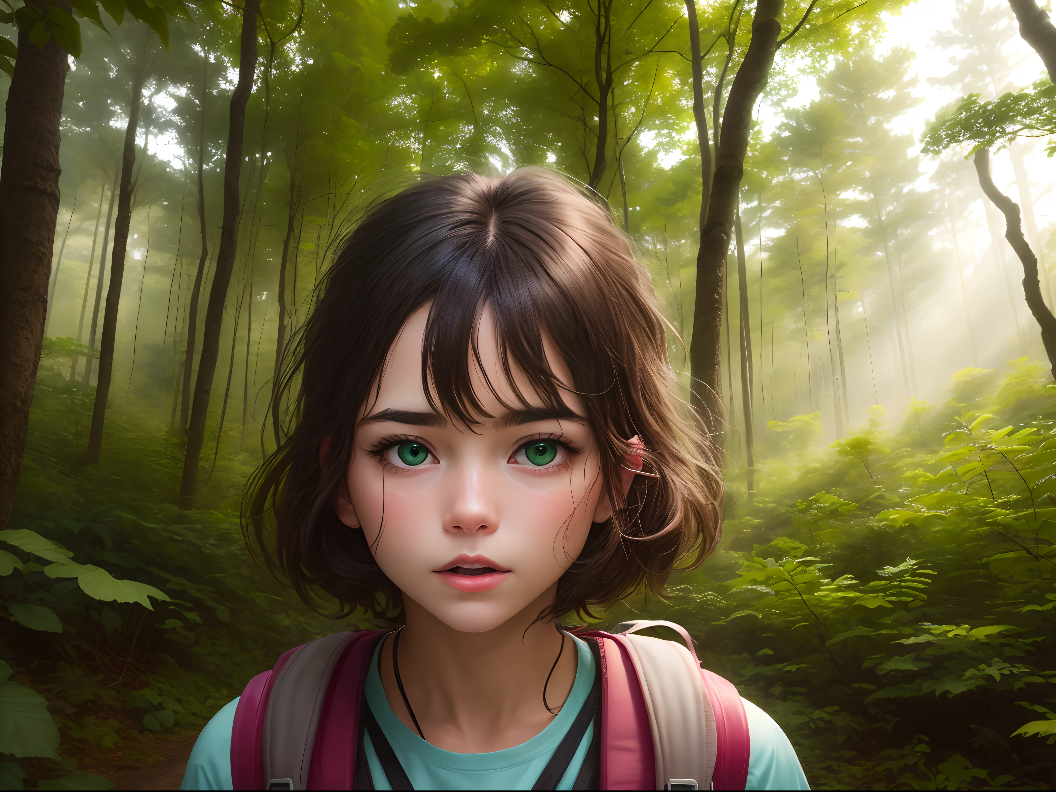 Uma mulher jovem, de cabelos pretos e olhos verdes, It's in the middle of a forest, Surrounded by tall, leafy trees. She is dressed in hiking clothes and carries a backpack on her back. Your face is expressing determination and courage