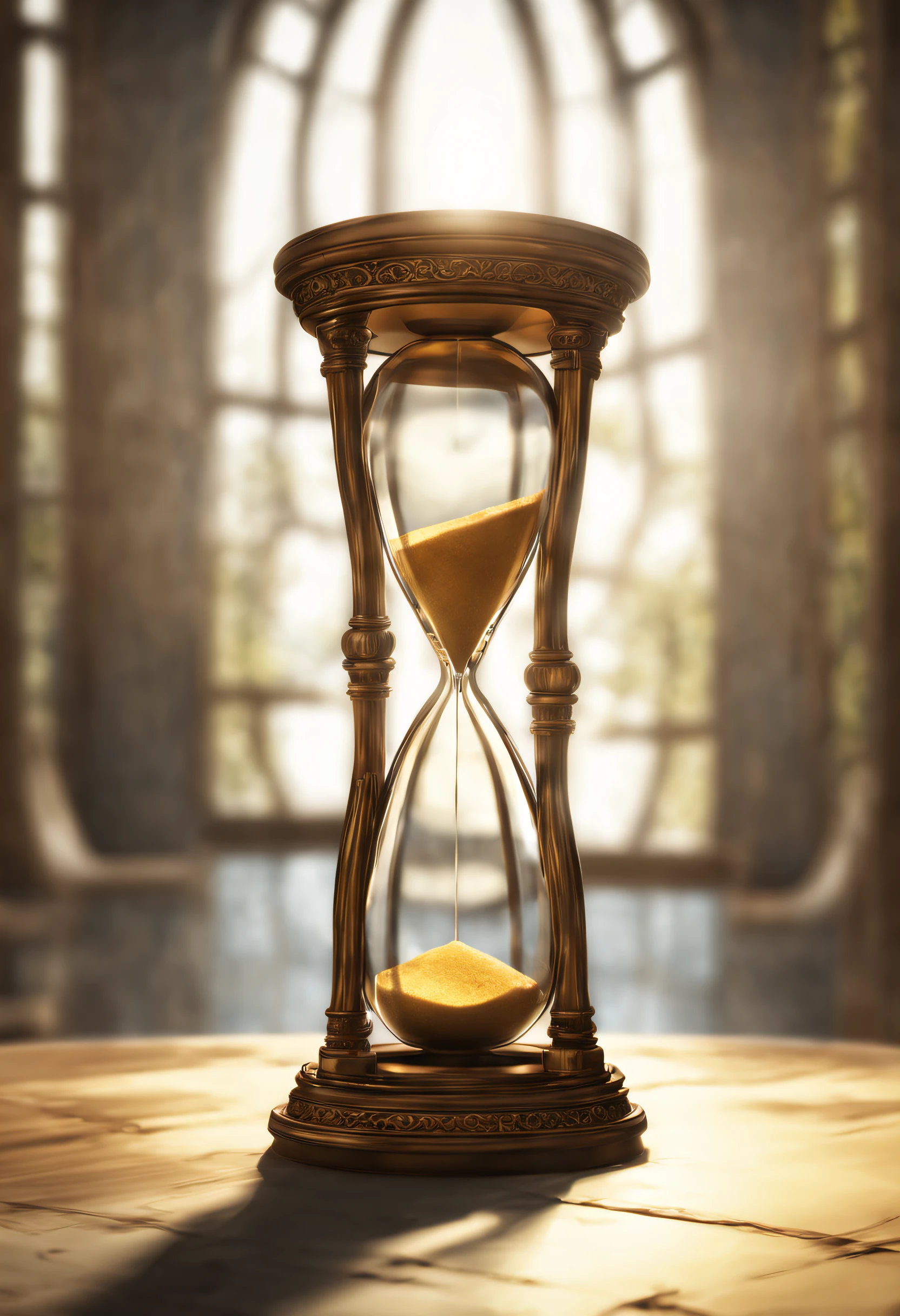 (Meisterwerk 1:1) Hochdetaillierte digitale Kunst, Antike Sanduhr, beautiful curves of an hourglass, sonnig, Atrium-Hintergrund, filmisch, Sharpen filters, volumetrisches Licht, Oktan-Rendering