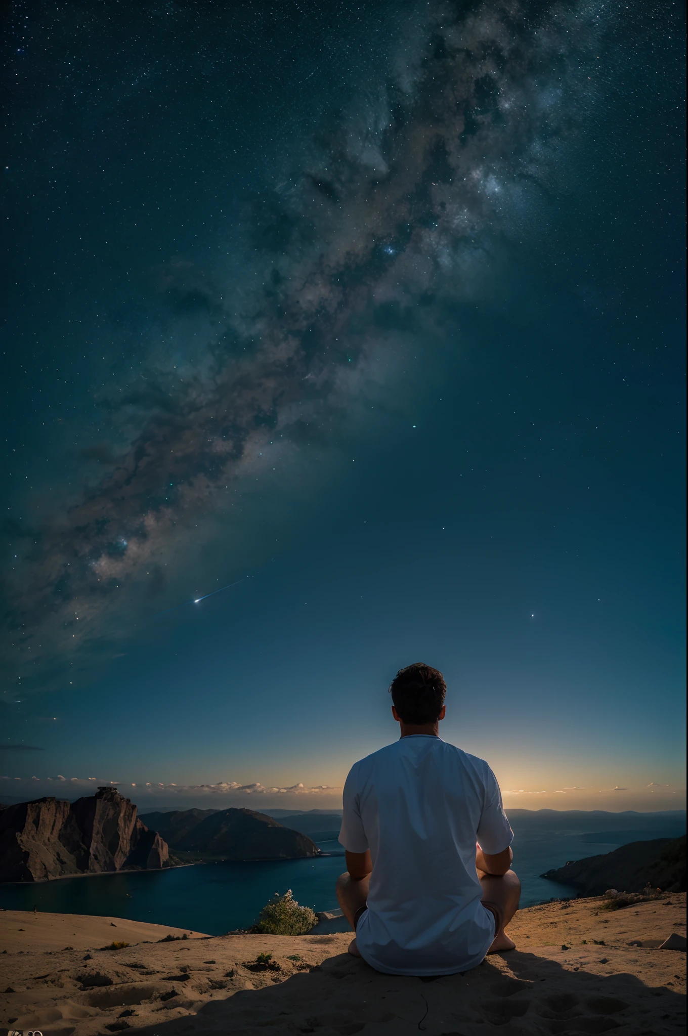 Create a man looking at the vastness of the universe, com nuvens dr poeira coloridas e milhares de estrelas, Ultra-high-definition image in 4K