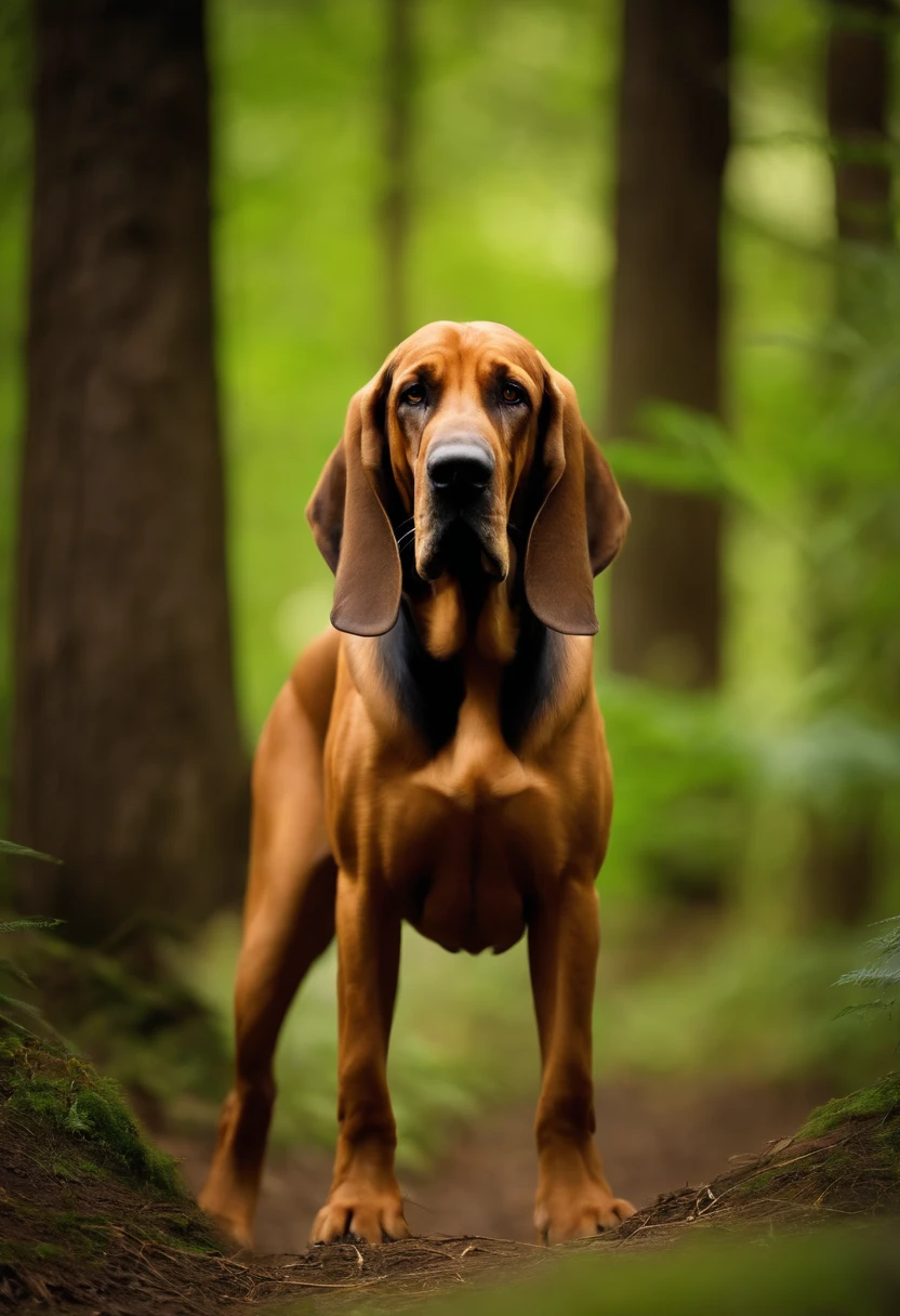 a bloodhound dog in a lush green forest,noble look,the dog is sniffing something intently, majestic long ears,tightly wrinkled brow,focused eyes,deep brown fur,sleek and shiny coat,maneuvering effortlessly through the dense undergrowth,magnificent breed,sense of determination,resolute stance,strong and muscular,tracking scent with precision,natural-born scent hound,best quality,ultra-detailed,realistic:1.37,sharp focus,stunning portrait,rich color palette,warm and earthy tones,natural lighting,vivid colors,bokeh