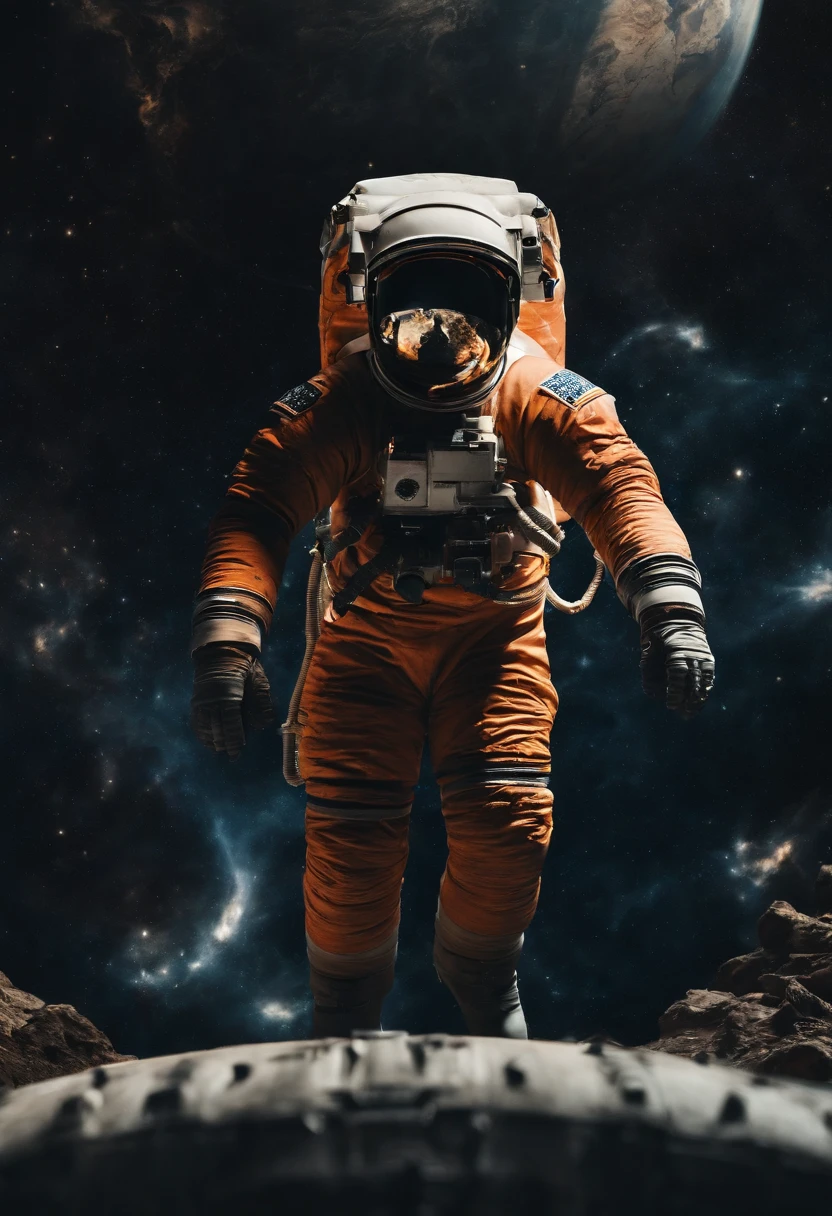An astronauts back infront of a colossal ship in space