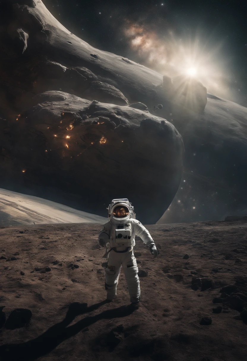 An astronaut walking on the surface of a planet with a large rock in ...