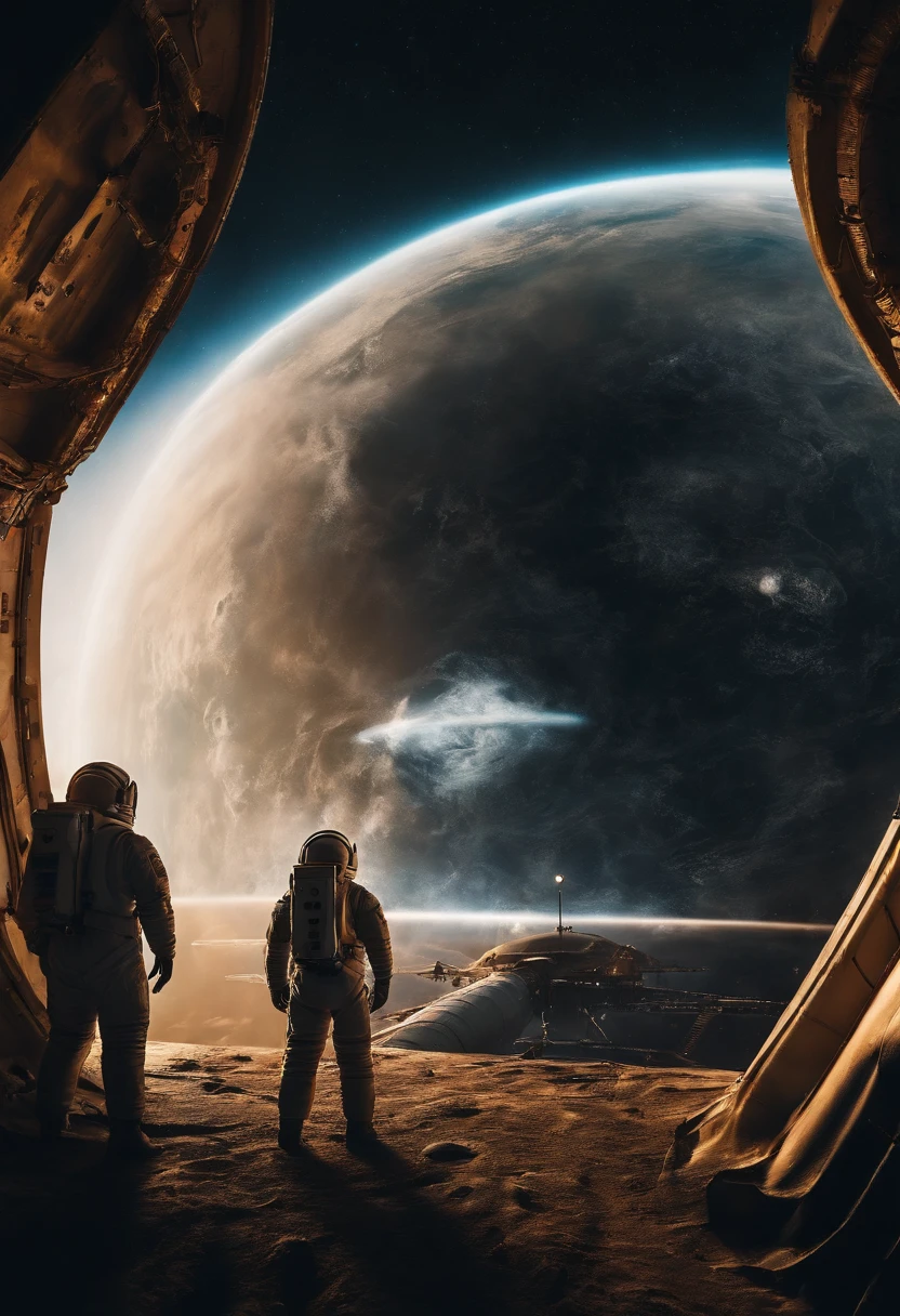 An astronauts back infront of a colossal ship in space