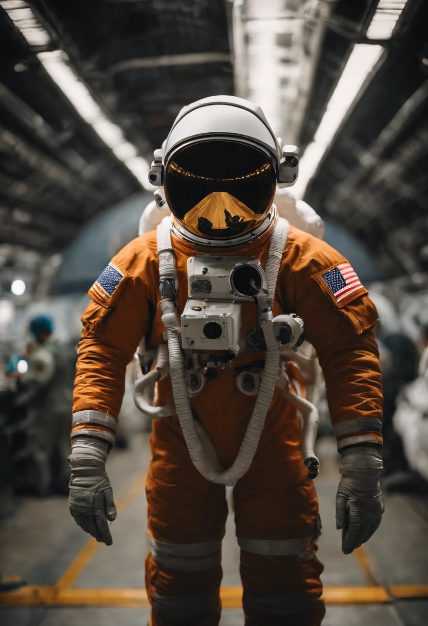 An astronauts back infront of a colossal ship in space