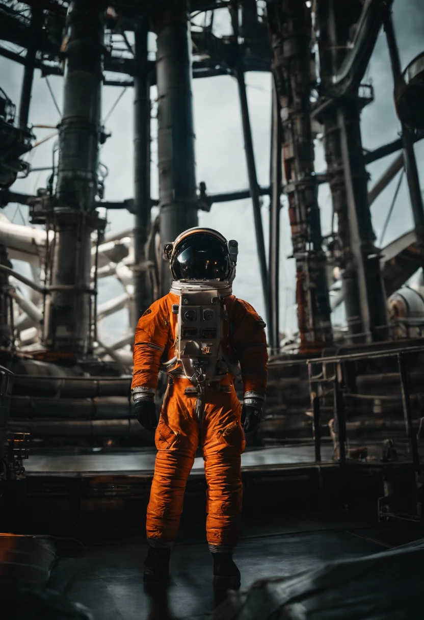 An astronauts back infront of a colossal ship in space