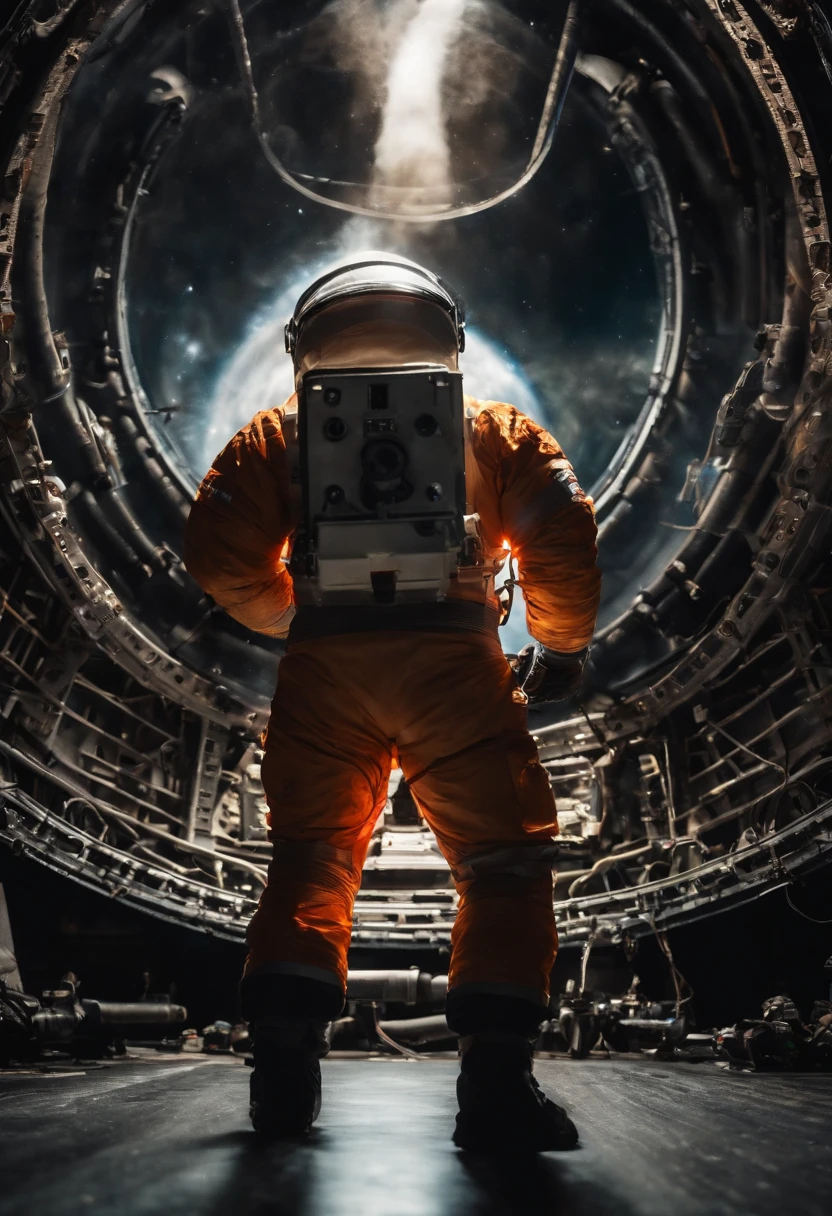 An astronauts back infront of a colossal ship in space