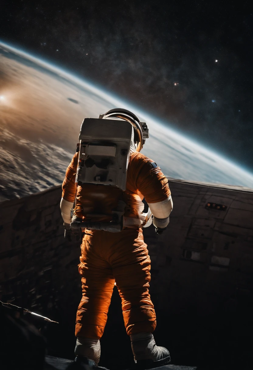 An astronauts back infront of a colossal ship in space
