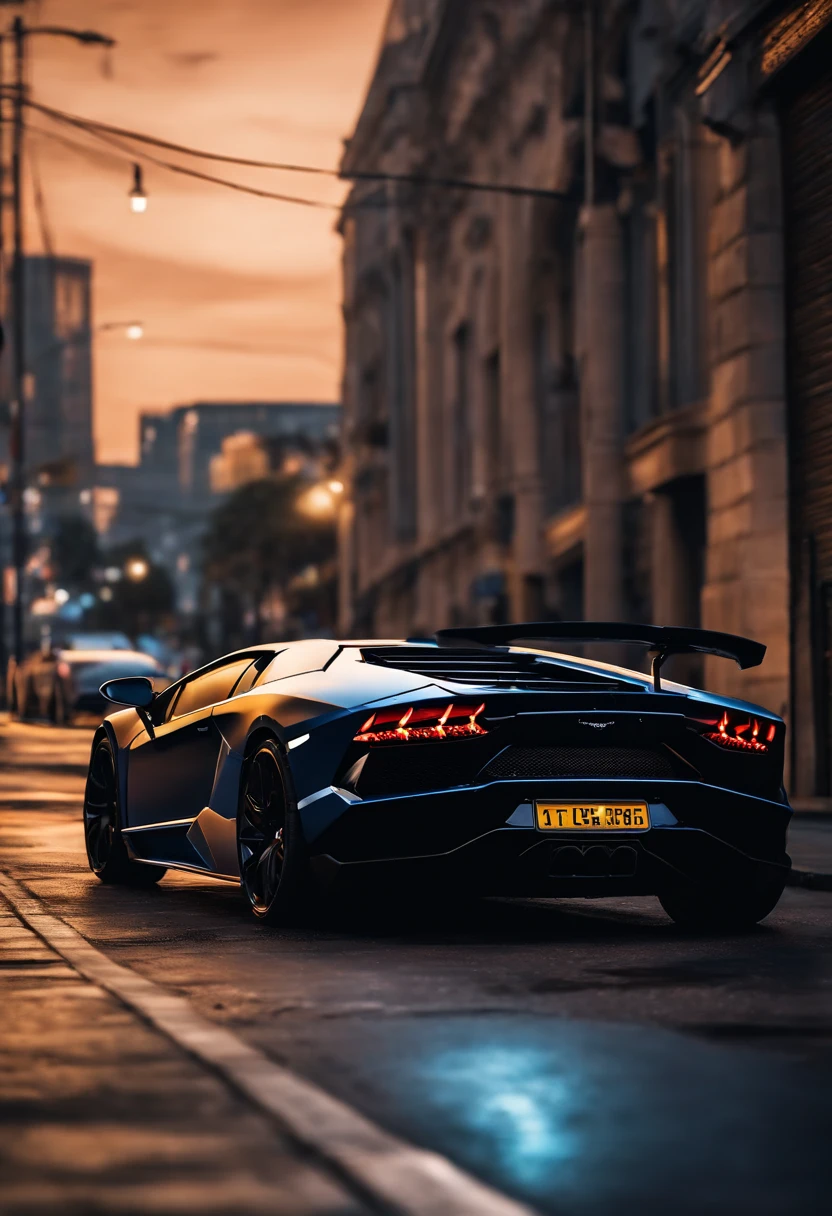 a close up of a lamborghini from behind, car parked on a city street, wallpaper mobile, cinematic poster, phone wallpaper, black color lamborghini car, cinematic 4 k wallpaper, cinematic 4k wallpaper, lut filter, gta v poster style, automotive photography, cinematic matte illustration, matte digital illustration, amazing wallpaper, matte painting movie poster, gta loading screen art, mobile wallpaper 4k 9:16