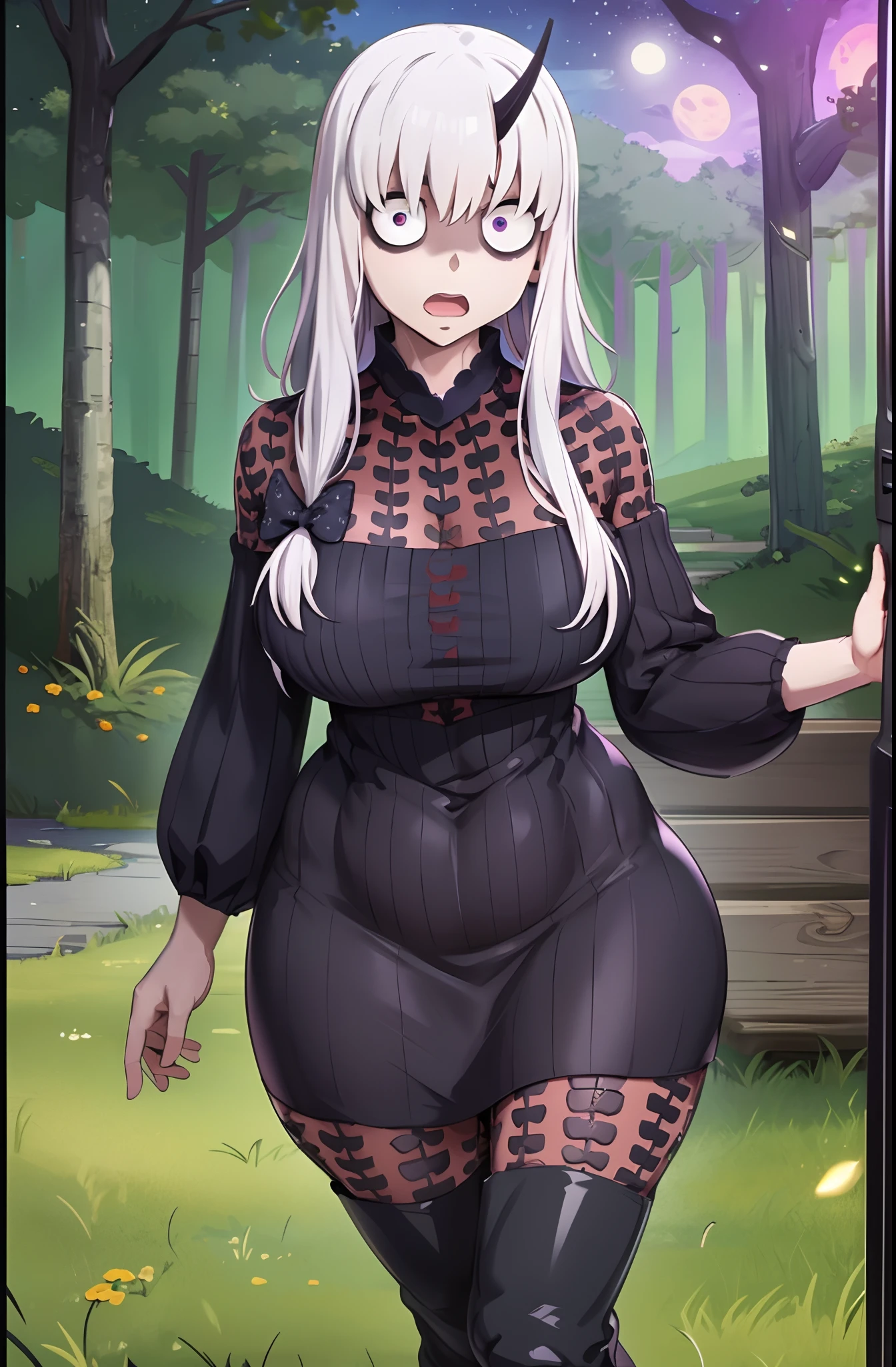 (masterpiece, best quality, detailed), 1girl, solo, outdoors, night, dark, forest, wavy mouth, open mouth, looking at viewer, shaded face, , , against tree, lavinia whateley \(fate\), polka dot bow, black dress, ((constricted pupils)), eyebrows hidden by hair, dutch angle, huge breast, standing , curvy, thicc, full body, boots, full body