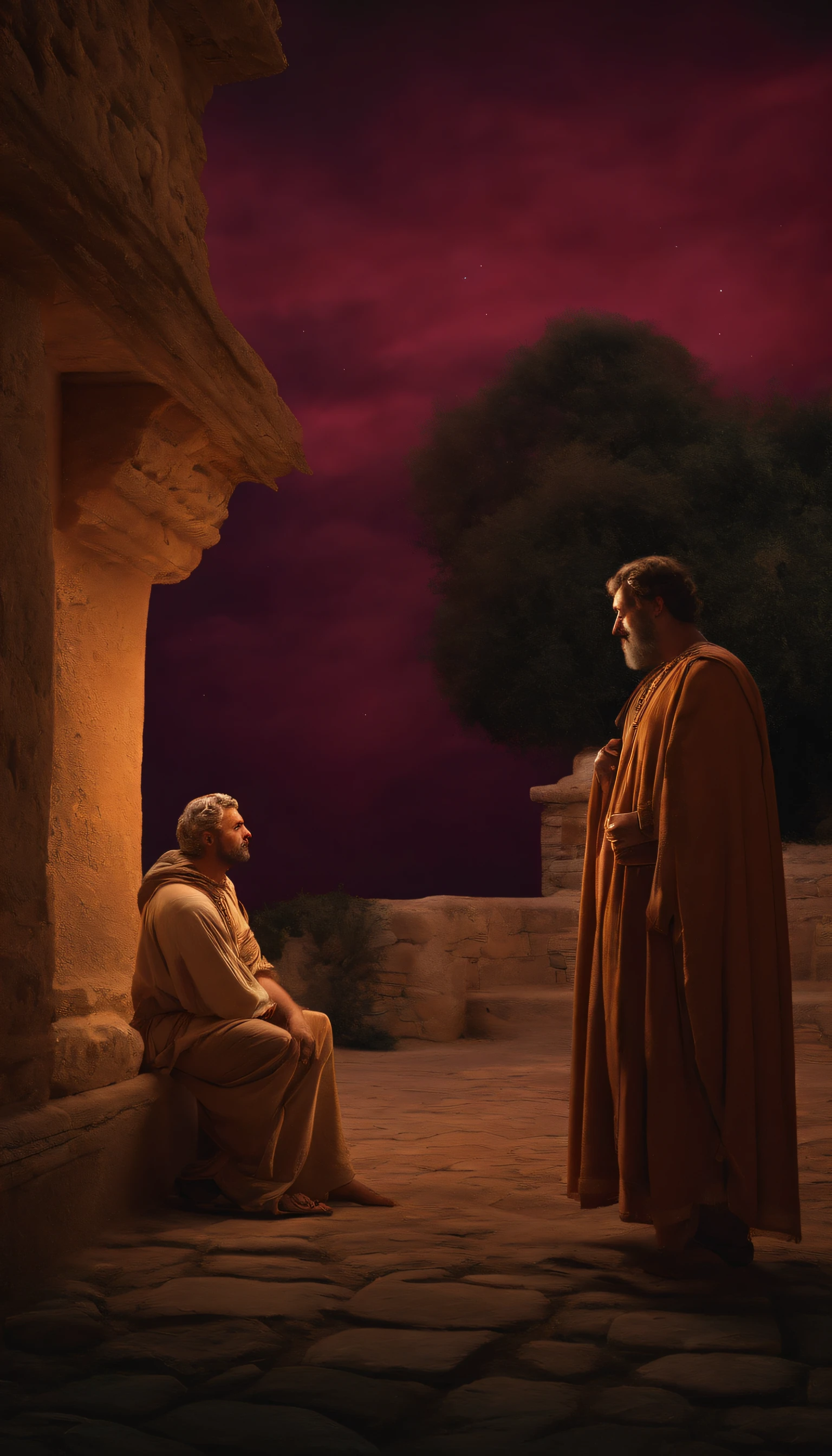 DETAILED IMAGE OF MAN IN 1ST CENTURY CLOTHES ASKING SOMETHING OF ANOTHER MAN IN FRONT OF A 1ST CENTURY HOUSE AT MIDNIGHT