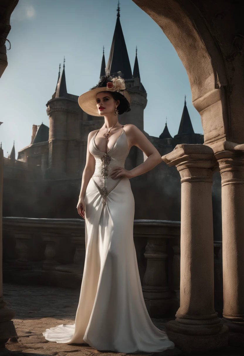 a gothic human aristocrat who is less than 290 cm tall. an imposing and elegant appearance, with a white bikini and a wide-brimmed hat. Her hair is long, dark and tied up in a bun, beautiful white mature woman with pale skin, red lips, with a black hair bun, with a white bikini, with a voluptuous body, full body, with a background of a gothic castle, resident evil 8