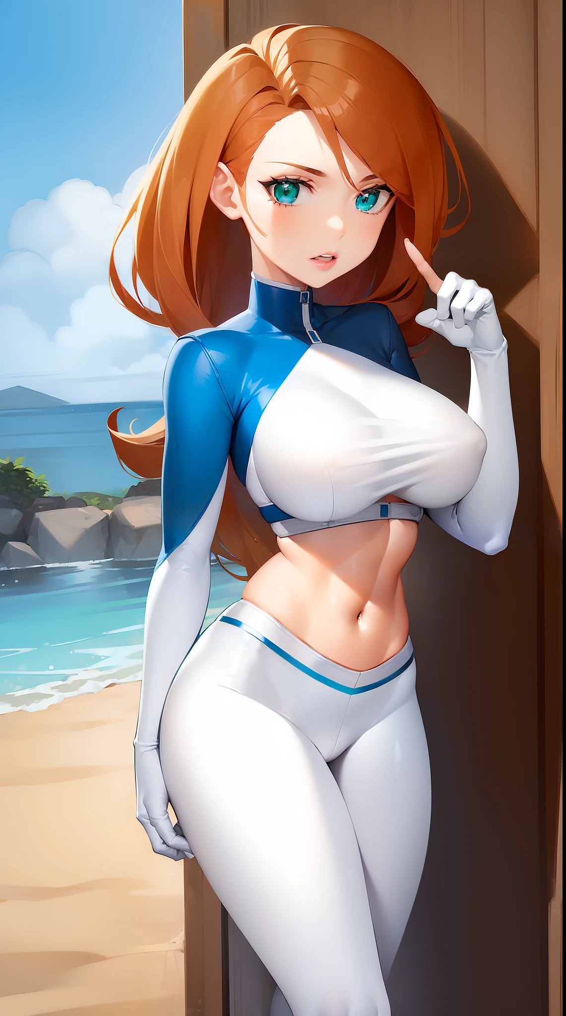 (((white and blue suit))),kimberly ann possible, 1girl, abs, bandaid, brown hair, breasts, fingerless gloves, gloves, green eyes, green legwear, large breasts, lips, long hair, midriff, navel, pants, pose, solo, thighs, toned