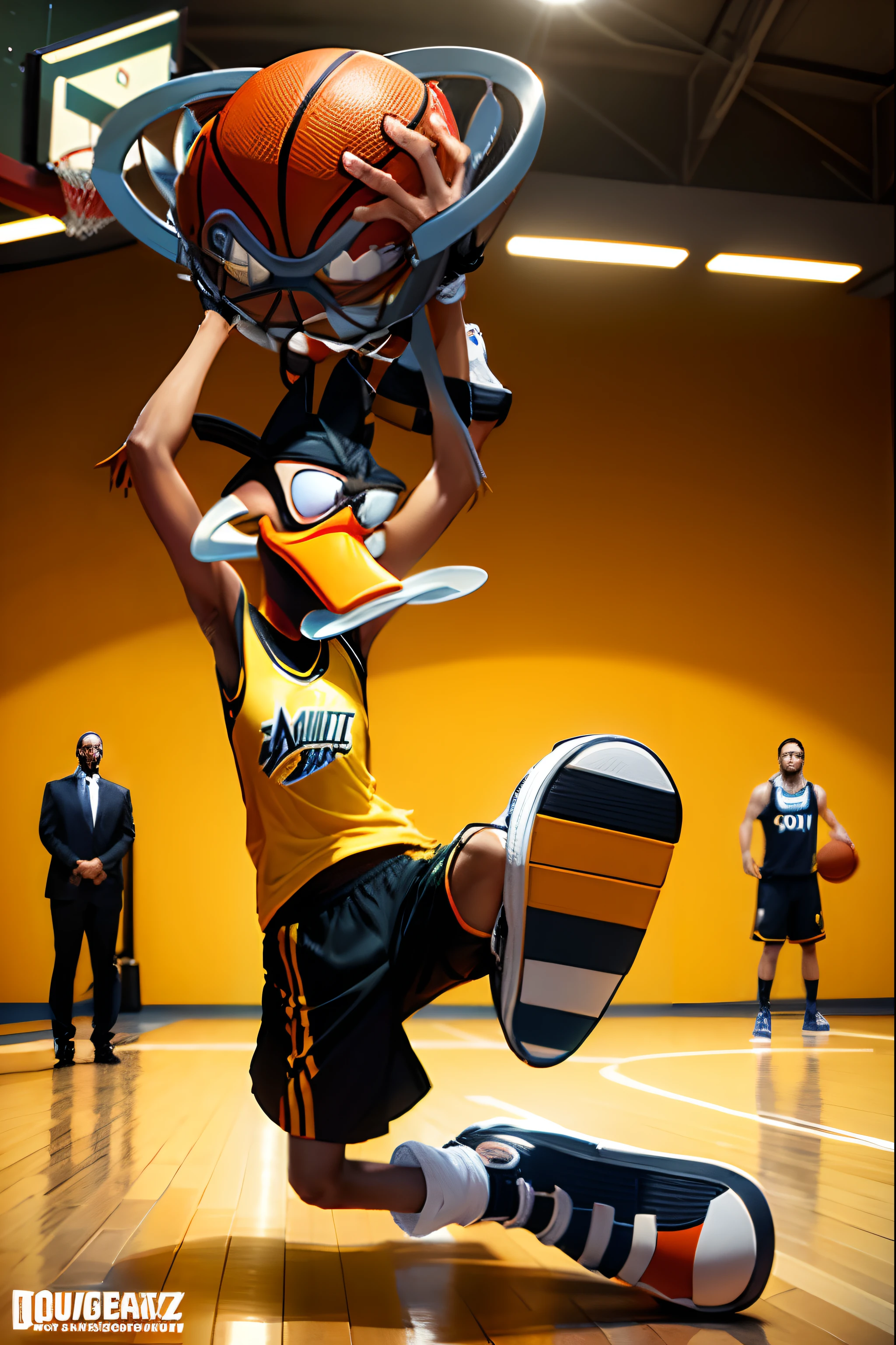 daffy duck jogando basketball, bola com dentes mordendo a cesta, enterrada