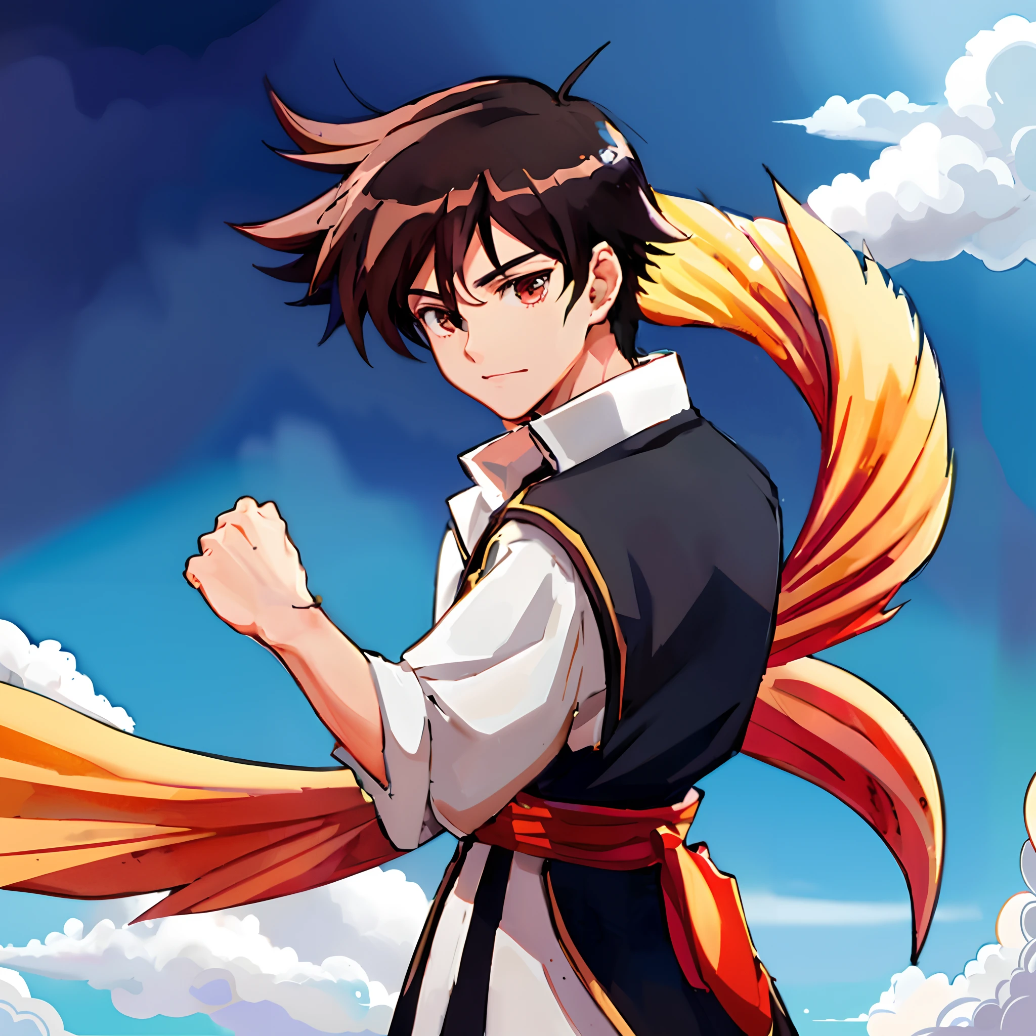 Anime character with long hair and a long tail in a blue sky, Arte Oficial, personagem estilo anime, Anime Voador Esper, anime moe artstyle, Epic anime style, Estilo anime Konosuba, arte chave do anime, jovem homem de anime, Heise Jinyao, anime em estilo fantasia, arte anime de alta qualidade, official illustration, melhorado