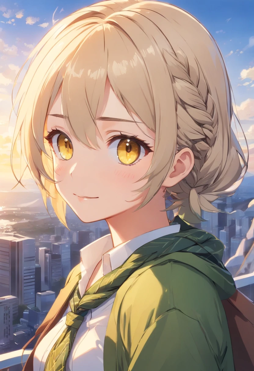 masutepiece, Best Quality,Illustration, withe background, Ultra Detail, absurderes, white hair, Solo, (Medium short hair、short braided hair),white open coat,black bra, Beautiful detailed yellow eyes , (Clear department), (a panoramic view:1.3),(Sense of depth:1.5),(longshot:1.3),green scarf,green hairclip,smile,golden yellow eyes,brown horn,french braid,ahoge