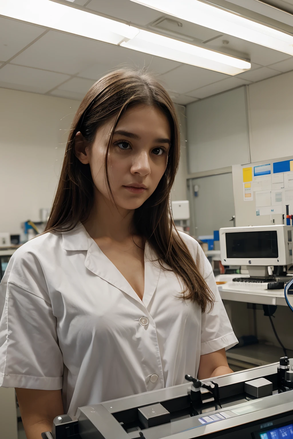 In a state-of-the-art laboratory bathed in the soft glow of fluorescent lights, describe a young laboratory scientist in her mid-20s. She's meticulously pipetting a clear, colorless liquid into a high-tech instrument, her focused gaze mirroring the precision of her work. The subtle hum of scientific machinery fills the air as she records her observations with utmost care