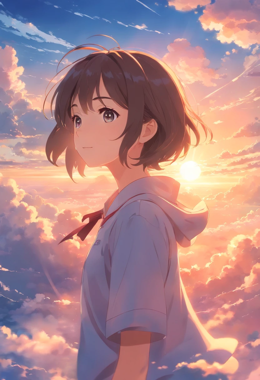 masterpiece, best quality, movie still, 1girl, cloud girl, floating in the sky, close-up, bright, happy, warm soft lighting, sunset, (sparks:0.7)