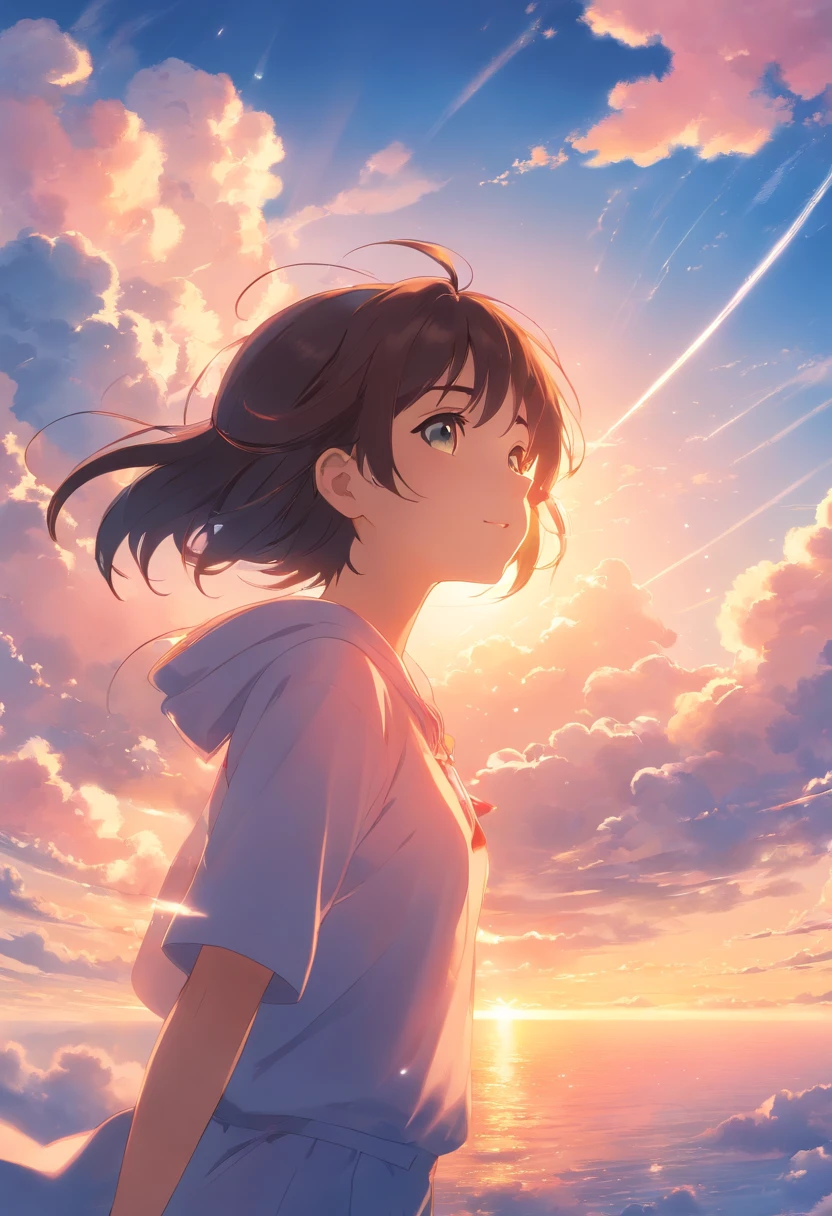 masterpiece, best quality, movie still, 1girl, cloud girl, floating in the sky, close-up, bright, happy, warm soft lighting, sunset, (sparks:0.7)