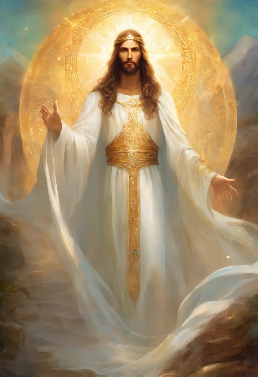 A high-definition portrait of a man's face(( Jesus Cristo)) ((Um homem anjo)), (( o Filho de Deus)), Deus, arte de deus, Deus da mitologia grega, Um retrato impressionante de um deus, Frank Kelly Freas, Estilo Karol Bak, ((beautiful face)), Ultra Definition, melhor qualidade. Olhos de ferro derretido saindo da chama, rosto brilhando como o sol, Long flowing white and shiny hair filling the image, Coming out of the mouth a translucent and shining beam of light, wearing a bright white tunic from the first century with polished gold accents. Olhos fixos no centro da imagem