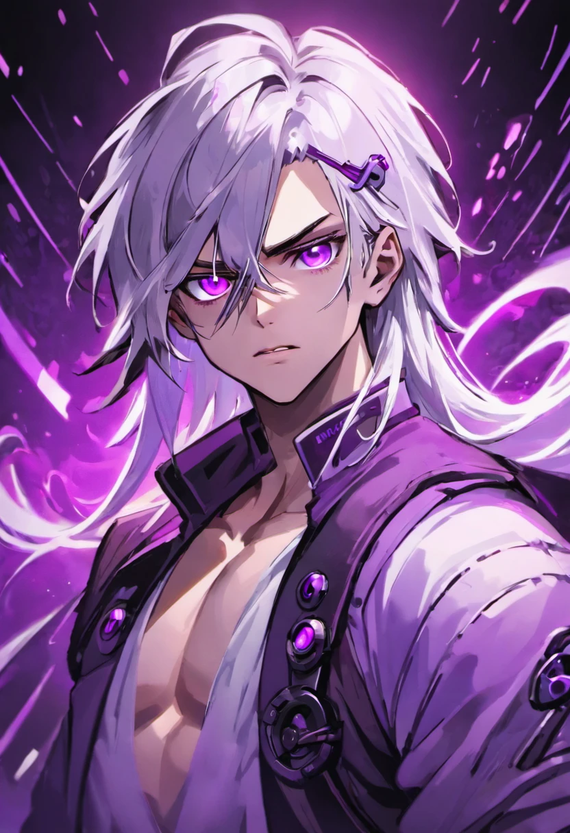 Close camera, face focus, ultra high quality 8k, young handsome confident man, silver white middle long hair, purple eyes without pupils, cyberpunk clothes
