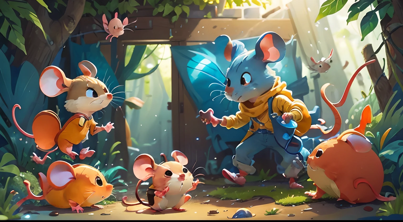 Goldfish (((A MOUSE))), charming, with a blue and yellow scarf around his neck, does not back down from the challenge. (((THE MOUSE))) Goldfish in action, highlighting his agile movements in battle.