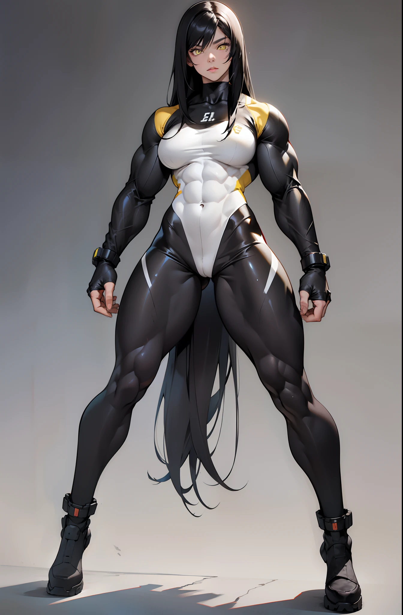 (((((1 girl))))), black hair, yellow eyes, very long hair, ((((((muscular)))))), tall, pale skin, bodysuit, ((full body)), (solo)